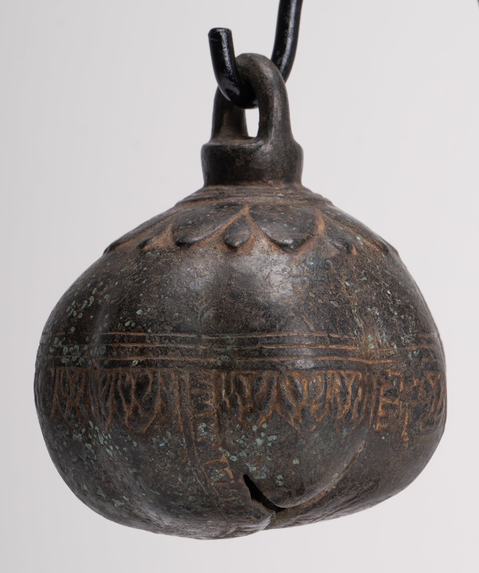 Antique Khmer Style Bronze Mounted Lotus Flower Bell - 32cm/13"