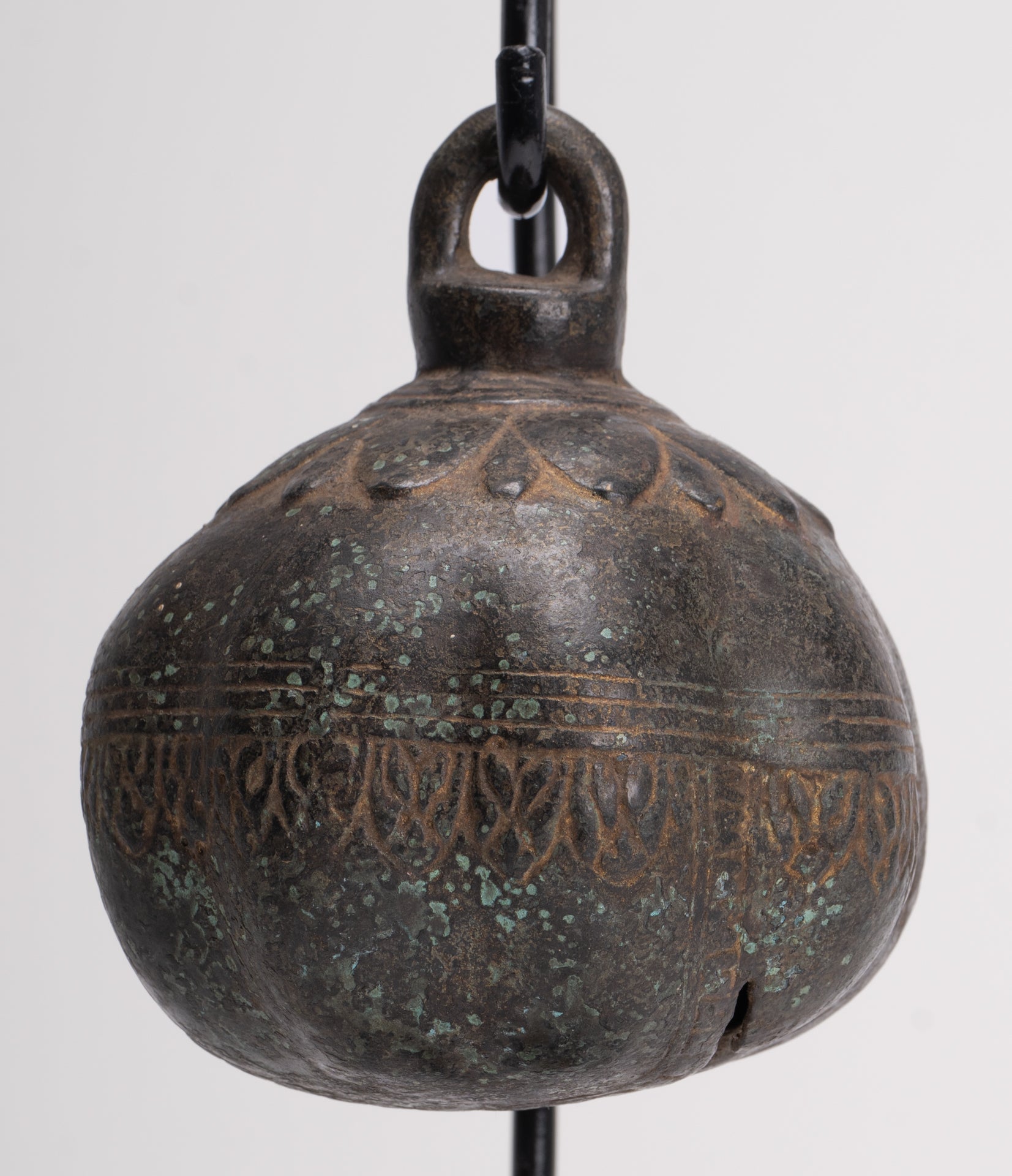 Antique Khmer Style Bronze Mounted Lotus Flower Bell - 32cm/13"