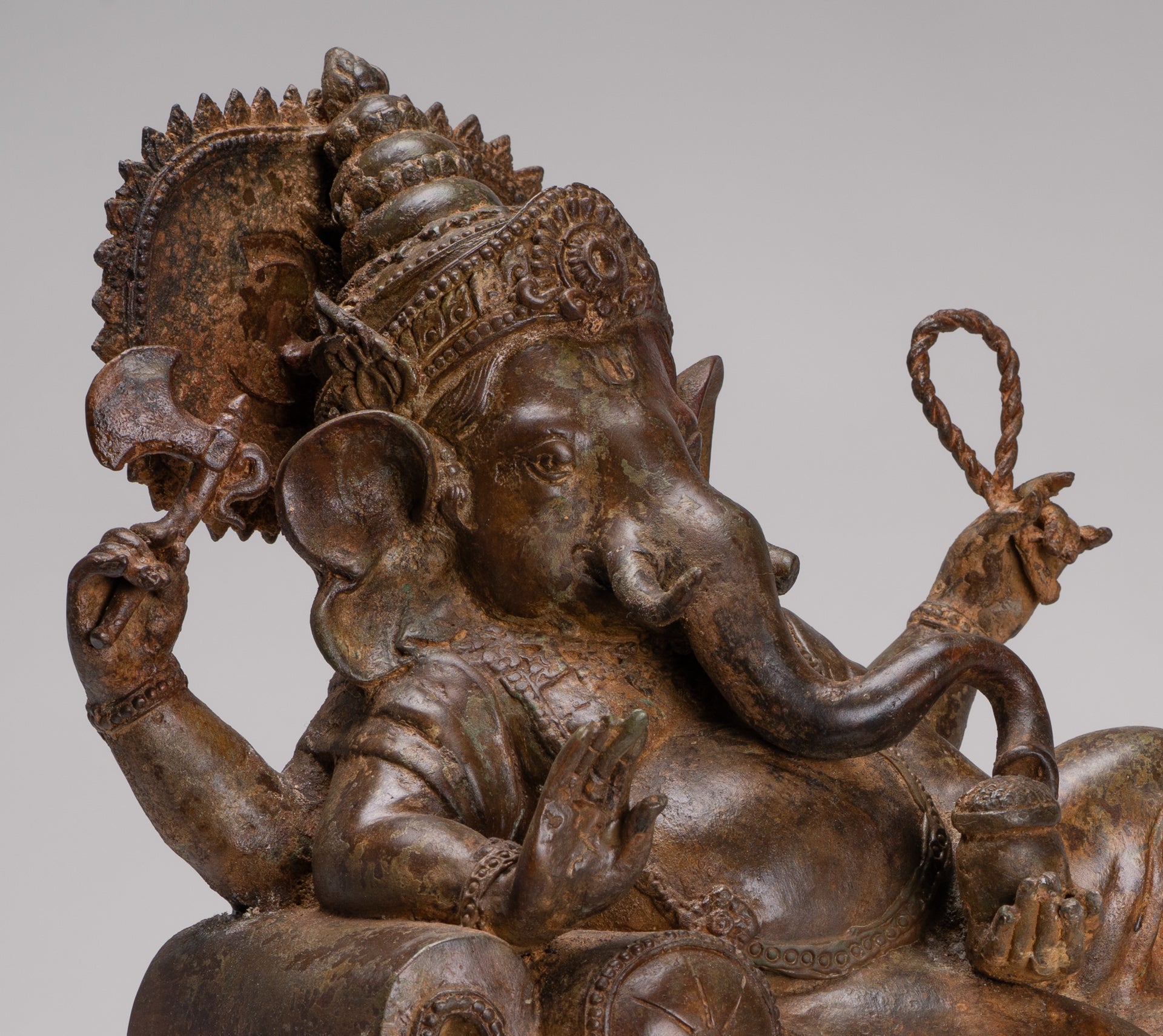 Ganesh - Antique Thai Style Bronze Reclining Ganesha Statue w/Mouse - 41cm/16"