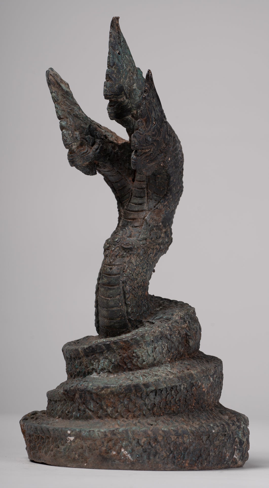 Antique Thai Style Bronze Three Head Protective Naga, Snake or Serpent Statue - 28cm/11"