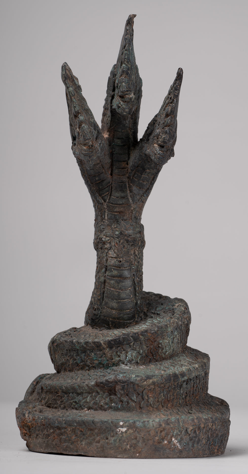 Antique Thai Style Bronze Three Head Protective Naga, Snake or Serpent Statue - 28cm/11"