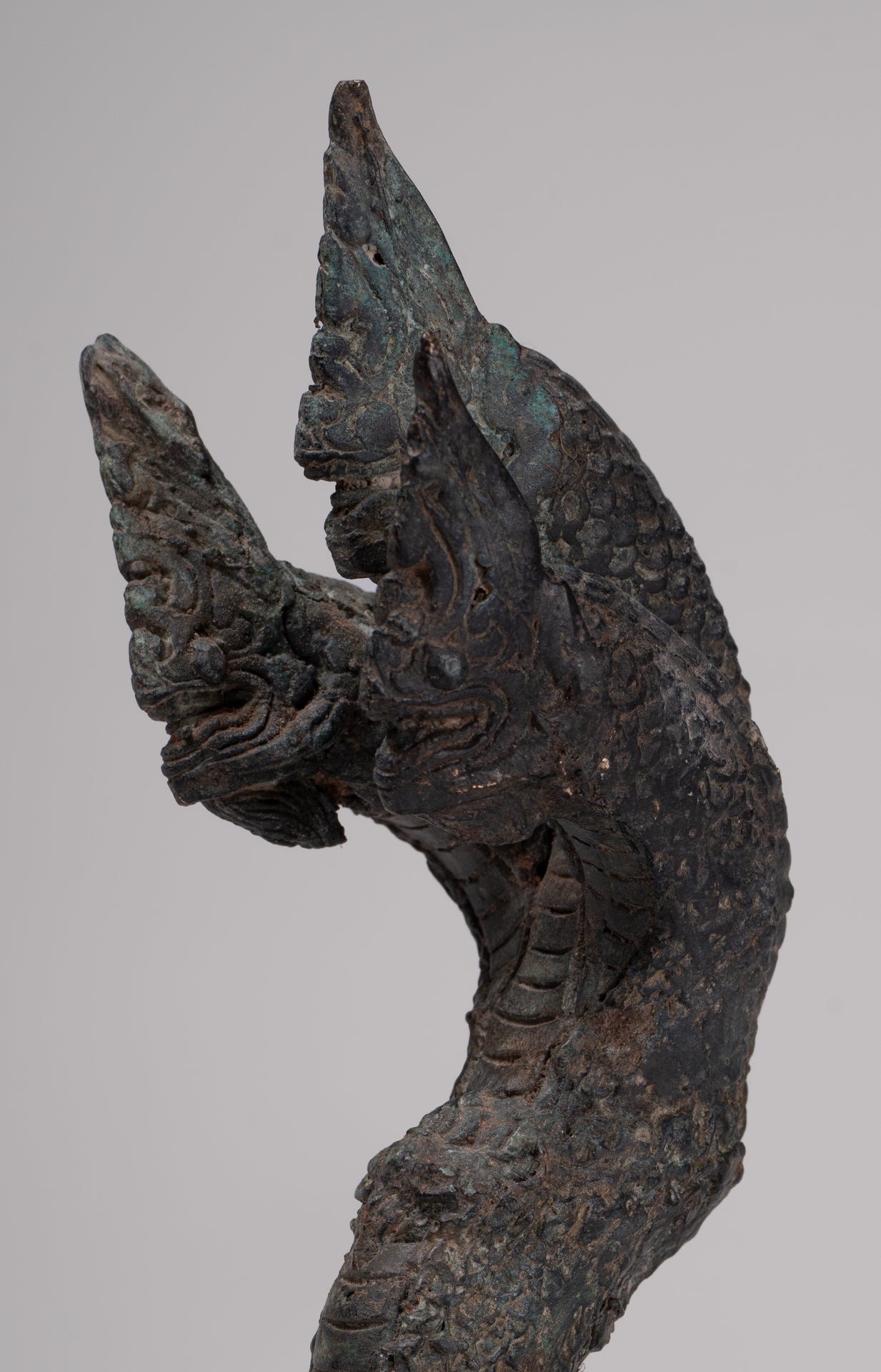 Antique Thai Style Bronze Three Head Protective Naga, Snake or Serpent Statue - 28cm/11"