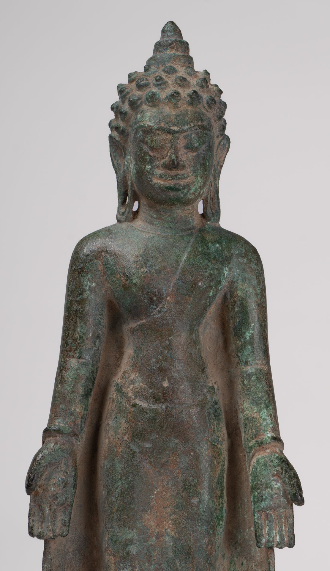 Buddha Statue - Antique Khmer Style Mounted Bronze Phnom Da Standing Buddha Statue - 31cm/12"