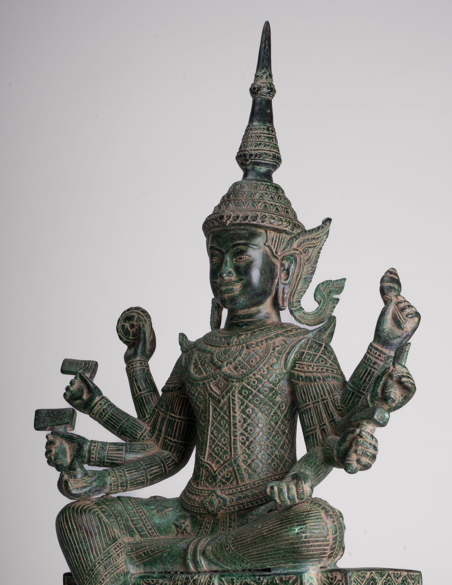 Antique Khmer Style Bronze Seated Vishvakarman Statue - Divine Architect - 59cm/24"