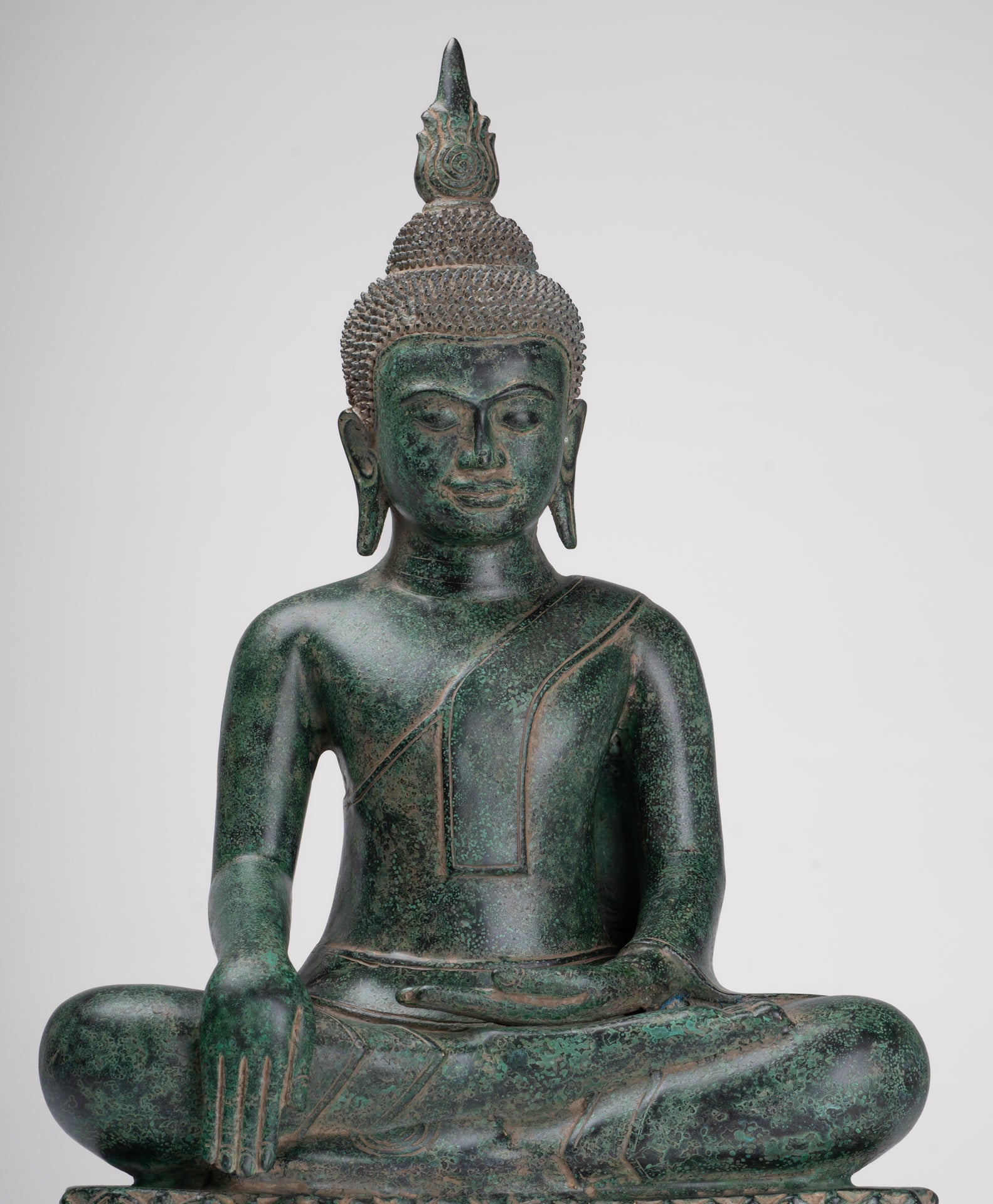 Buddha Statue - Antique Khmer Style Bronze Enthroned Enlightenment Buddha Statue - 50cm/20"