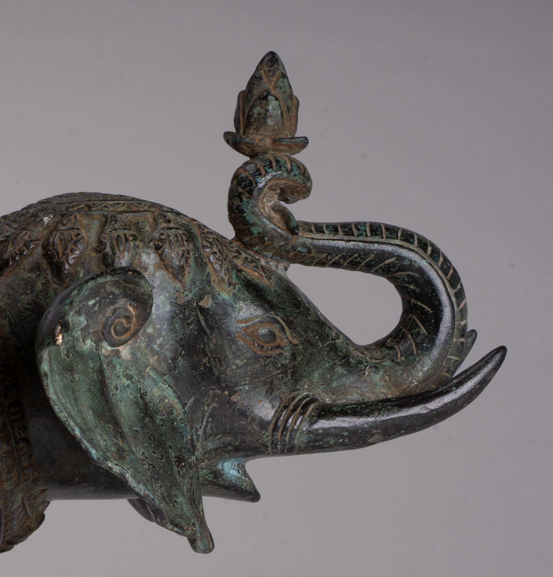 Antique Khmer Style Bronze Trumpeting Elephant Statue - 25cm/10" Tall