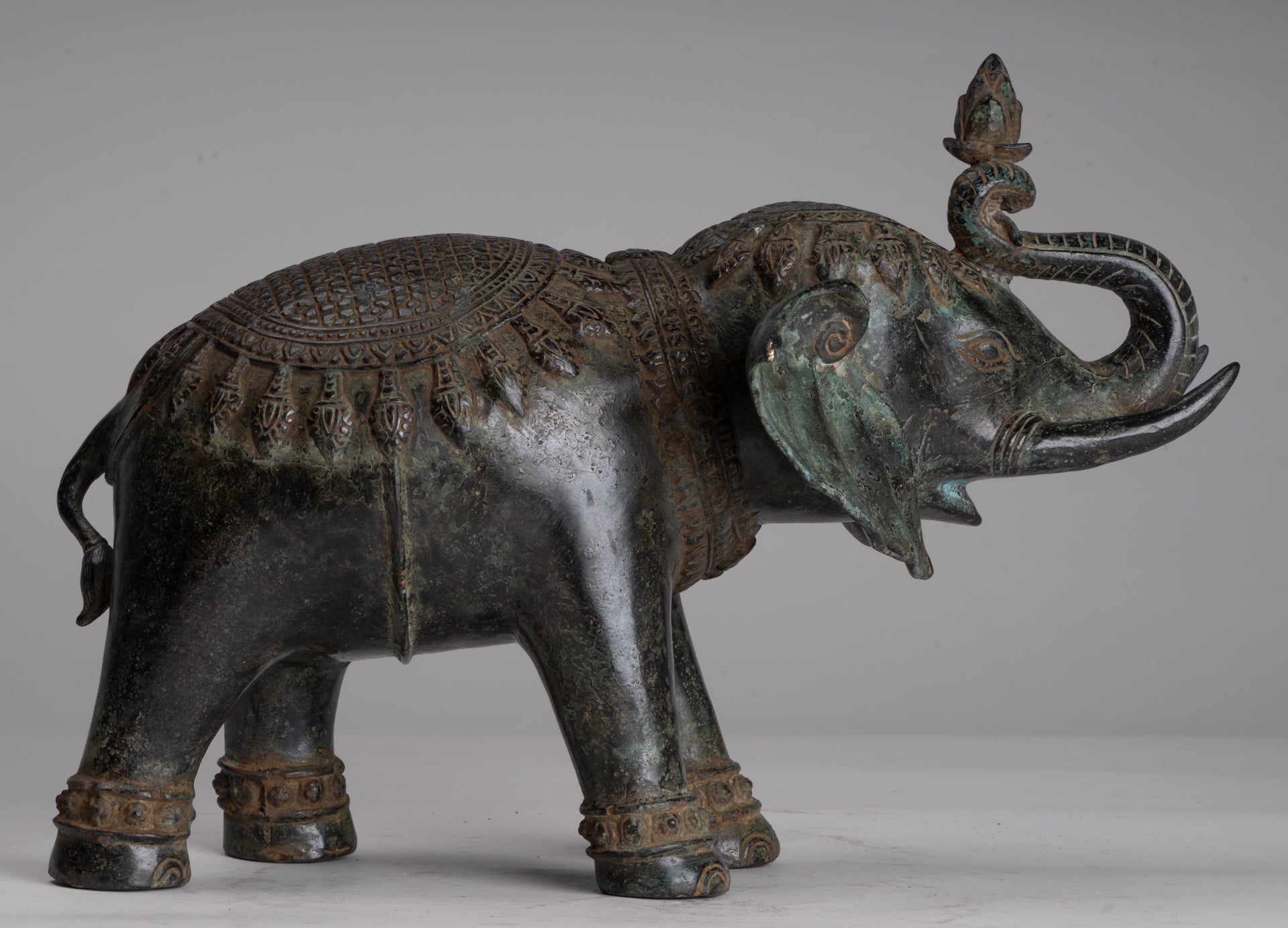 Antique Khmer Style Bronze Trumpeting Elephant Statue - 25cm/10" Tall