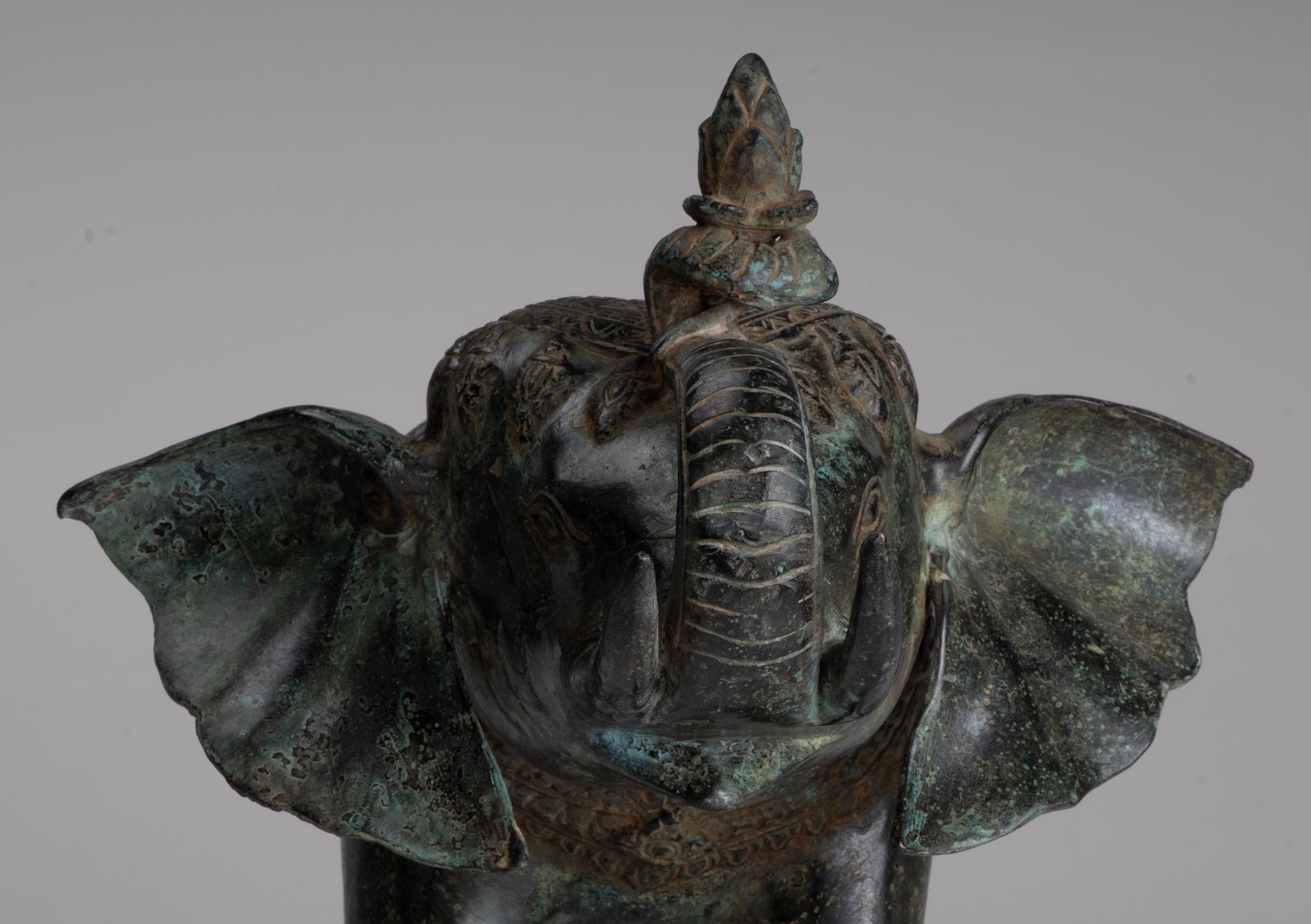 Antique Khmer Style Bronze Trumpeting Elephant Statue - 25cm/10" Tall