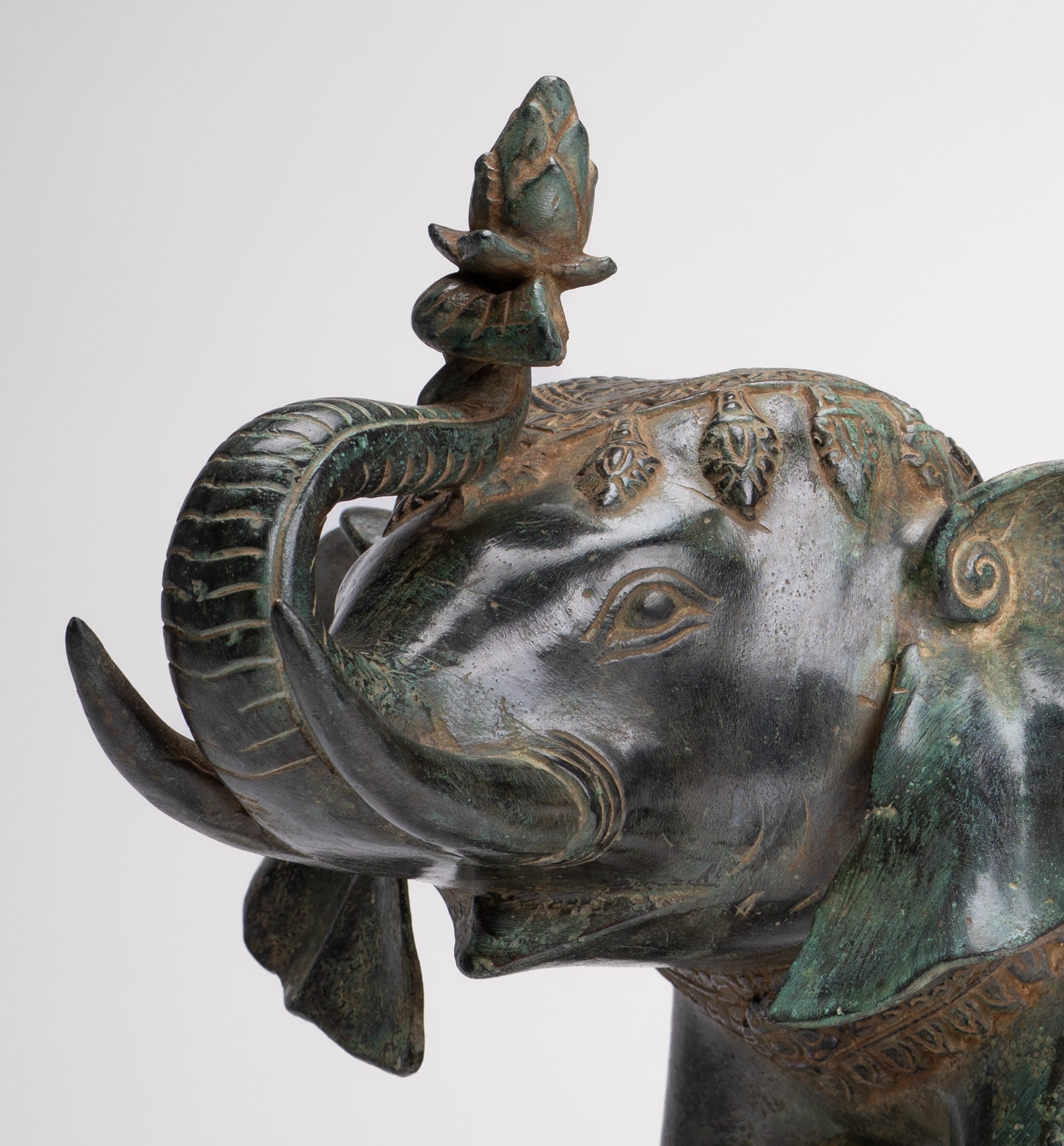 Antique Khmer Style Bronze Trumpeting Elephant Statue - 25cm/10" Tall