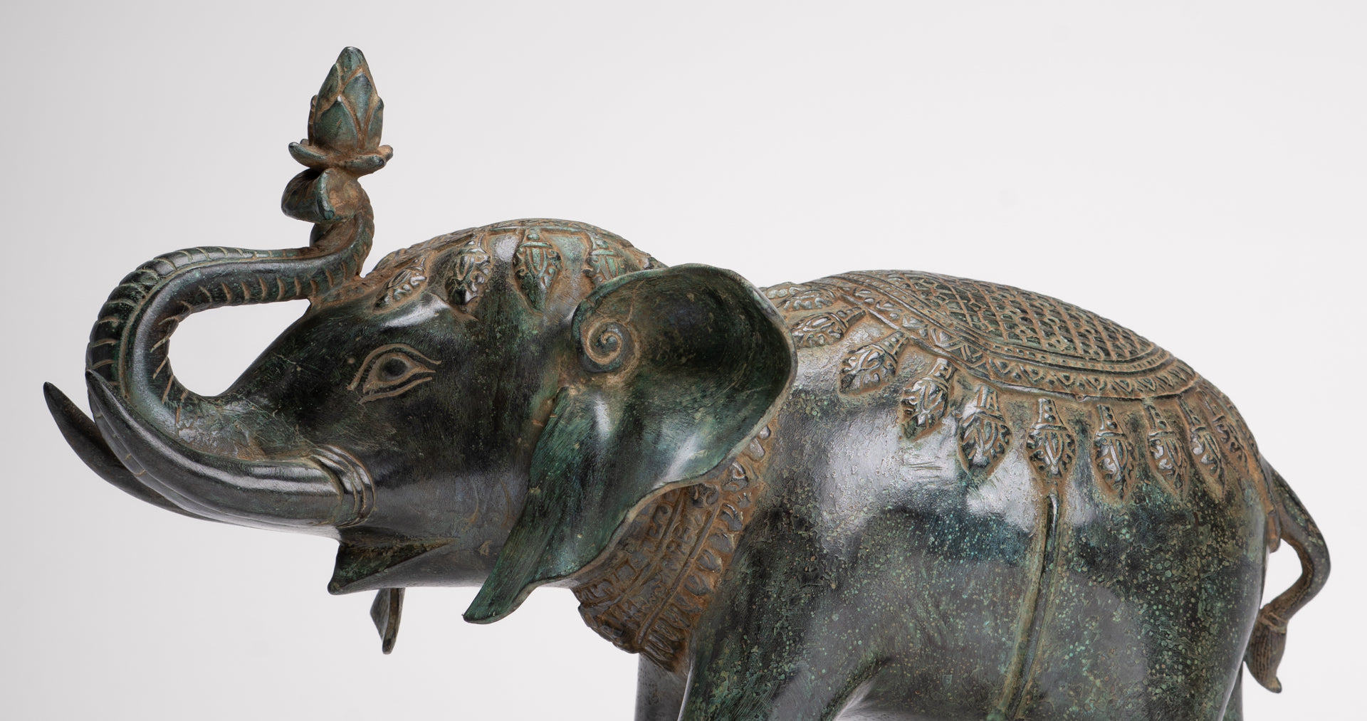 Antique Khmer Style Bronze Trumpeting Elephant Statue - 25cm/10" Tall