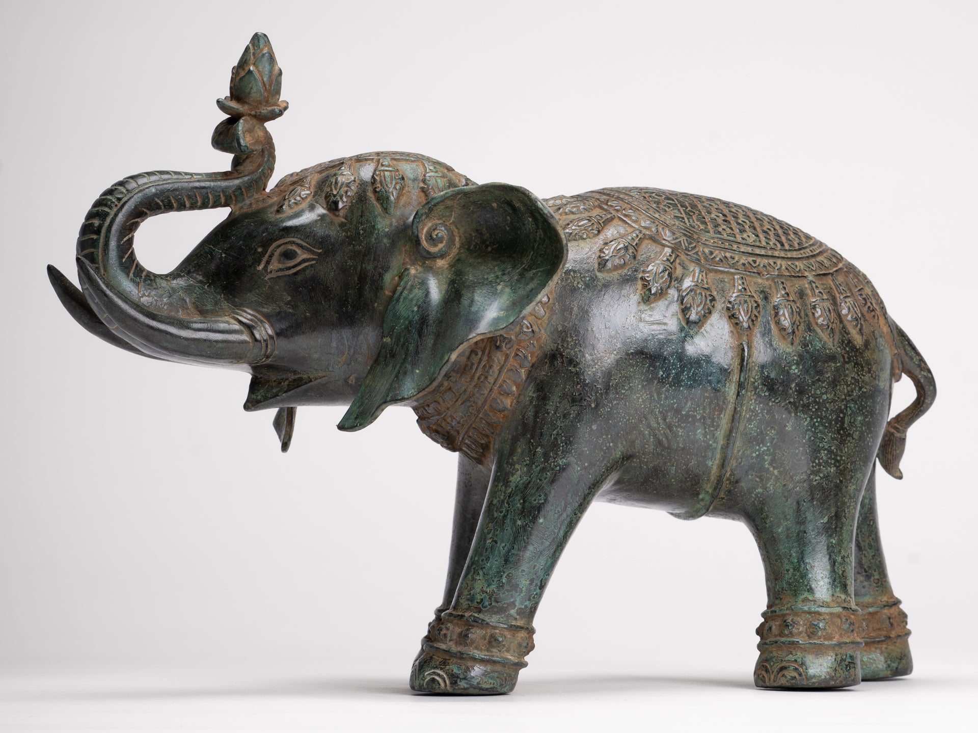 Antique Khmer Style Bronze Trumpeting Elephant Statue - 25cm/10" Tall