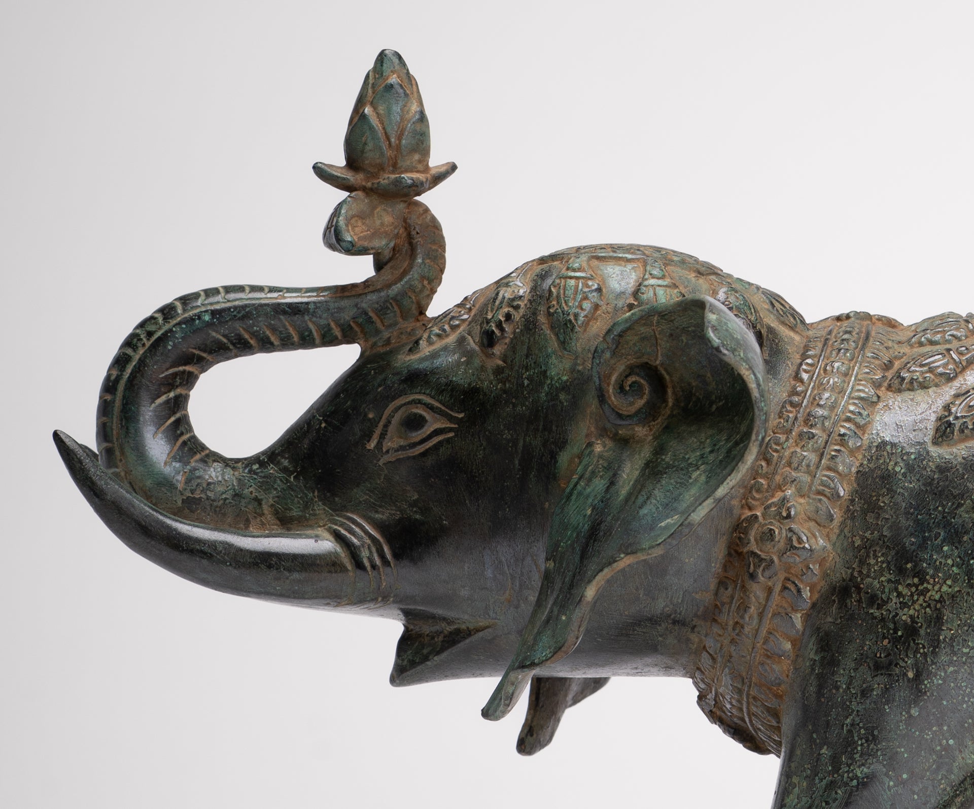 Antique Khmer Style Bronze Trumpeting Elephant Statue - 25cm/10" Tall