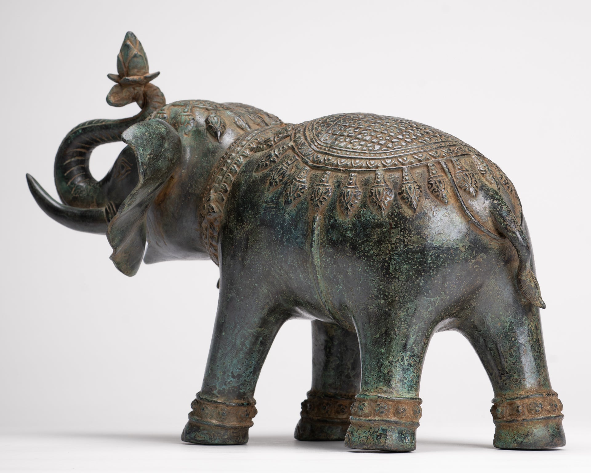Antique Khmer Style Bronze Trumpeting Elephant Statue - 25cm/10" Tall