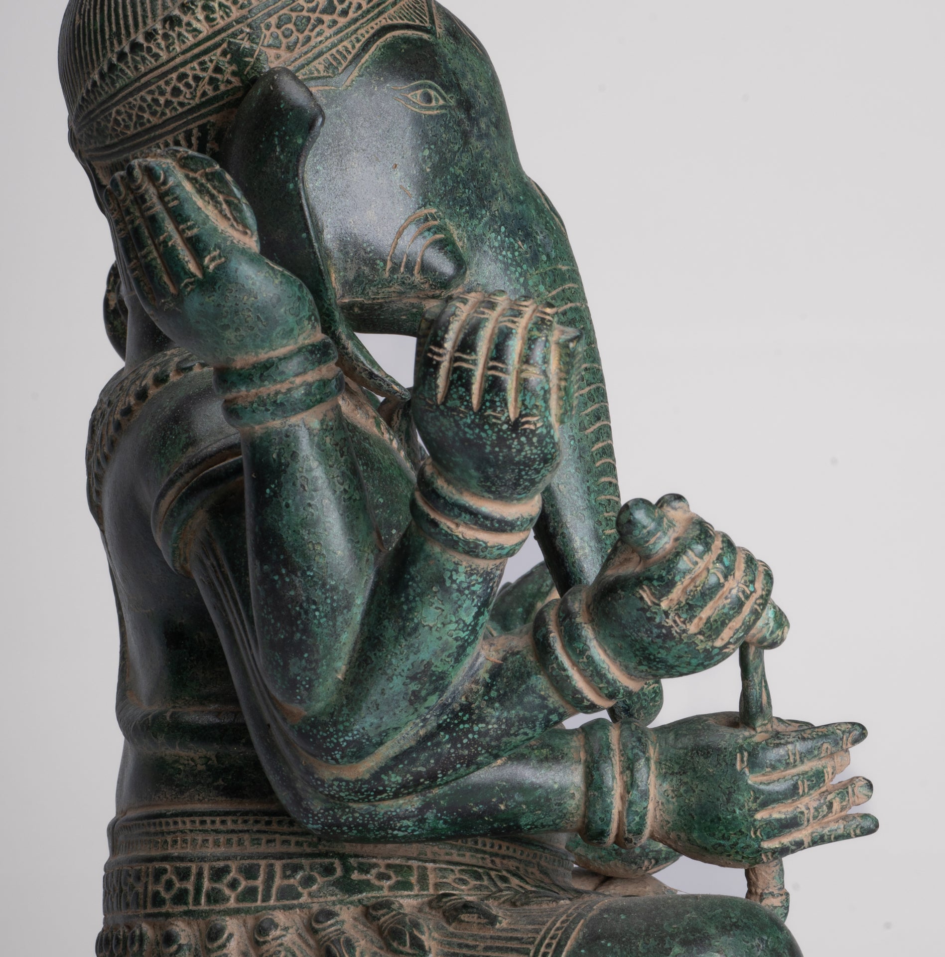 Ganesha Statue - Antique Khmer Style Enthroned Angkor Wat 8 Arm Ganesh Statue - 40cm/16"
