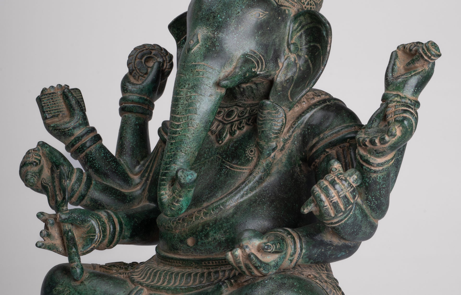 Ganesha Statue - Antique Khmer Style Enthroned Angkor Wat 8 Arm Ganesh Statue - 40cm/16"