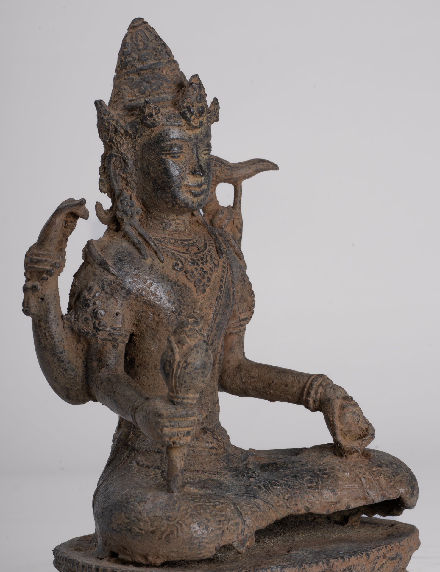 Vishnu - Antique Java Style Indonesian Majapahit Seated Bronze Vishnu Statue - 25cm/10"
