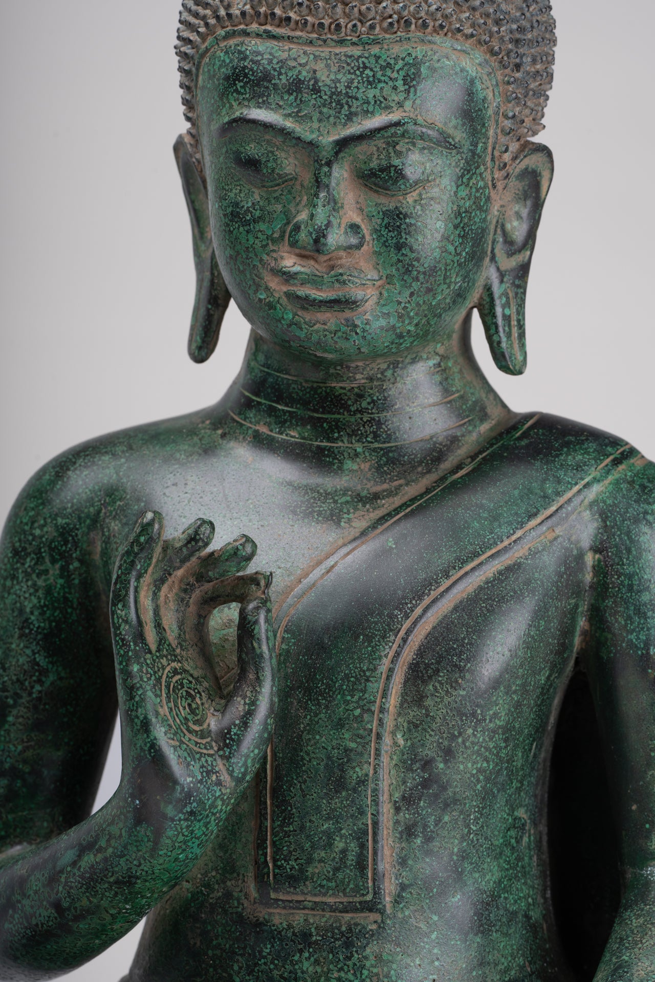 Buddha Statue - Antique Khmer Style Bronze Enthroned Teaching Buddha Statue - 47cm/19"