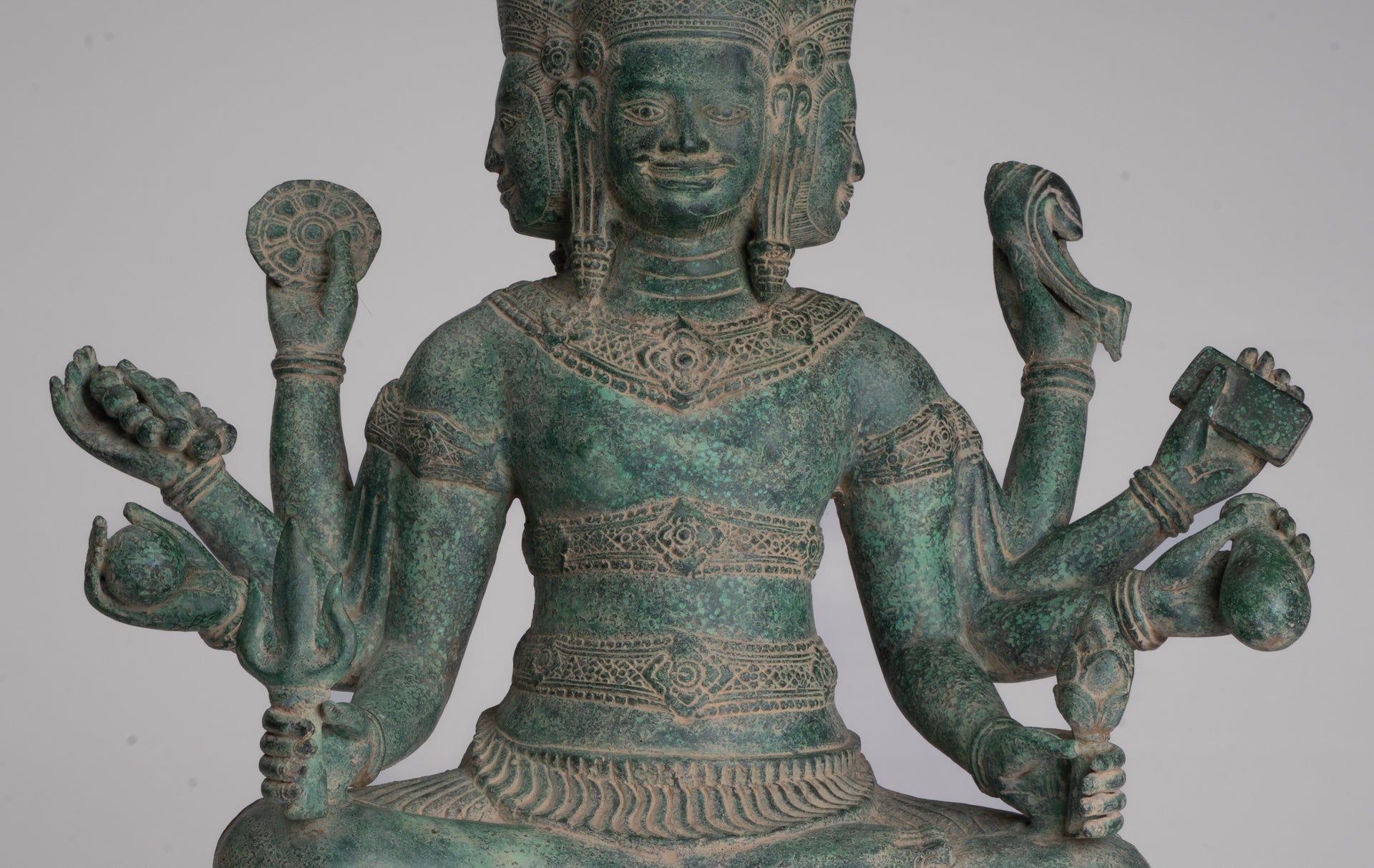 Brahma Statue - Antique Khmer Style Bronze 8 Arm Bayon Brahma - Hindu God Creation - 40cm/16"