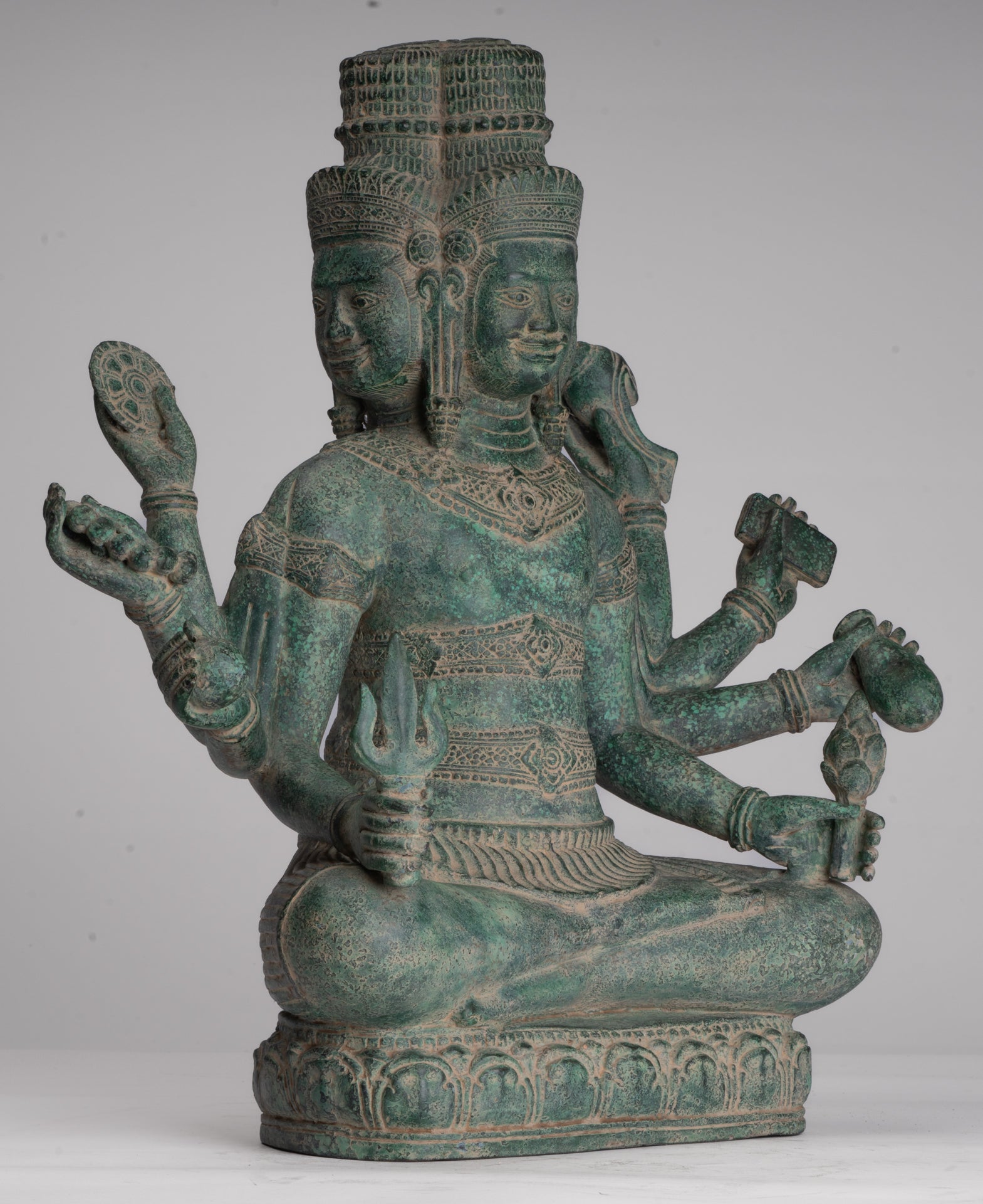 Brahma Statue - Antique Khmer Style Bronze 8 Arm Bayon Brahma - Hindu God Creation - 40cm/16"