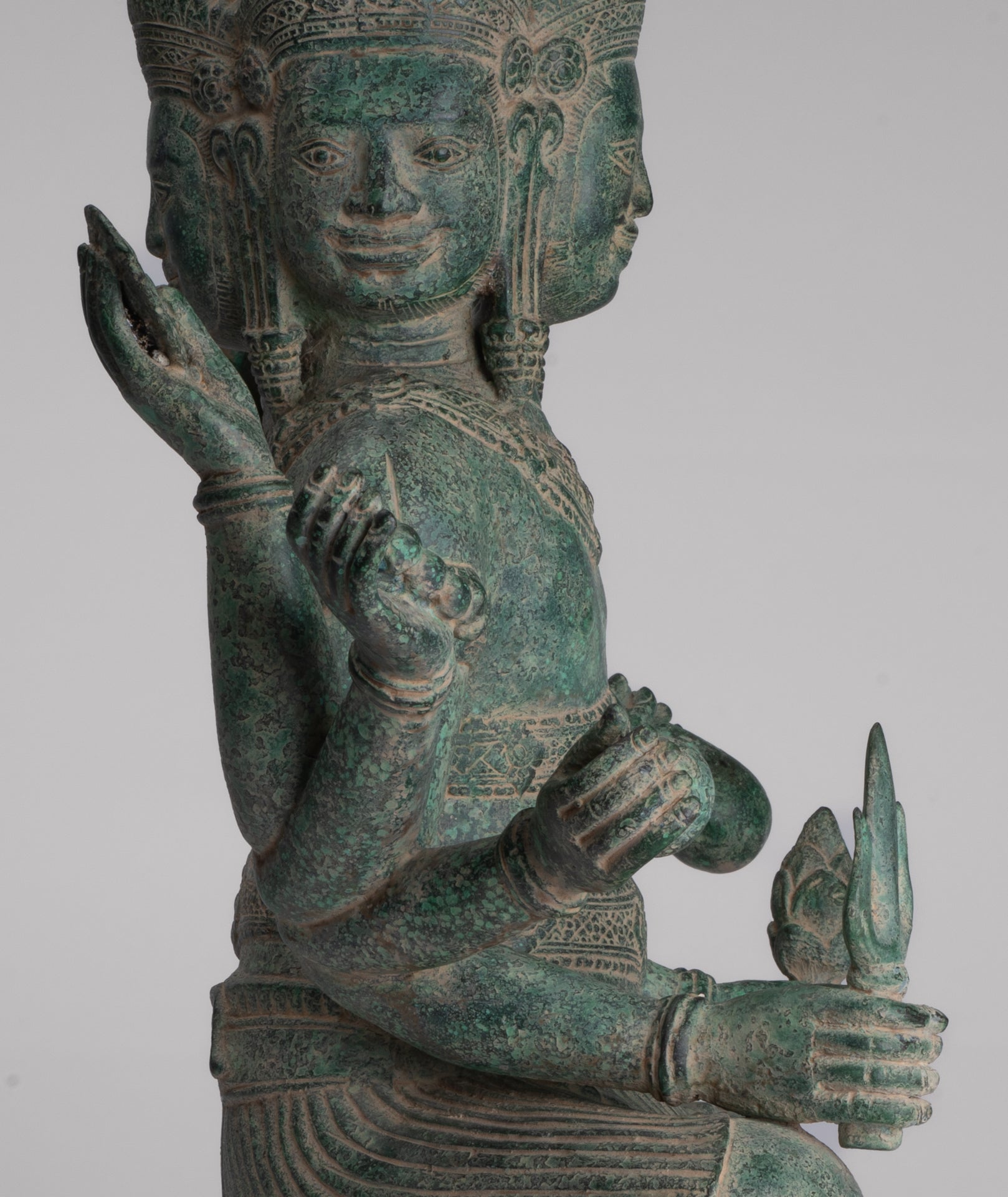 Brahma Statue - Antique Khmer Style Bronze 8 Arm Bayon Brahma - Hindu God Creation - 40cm/16"