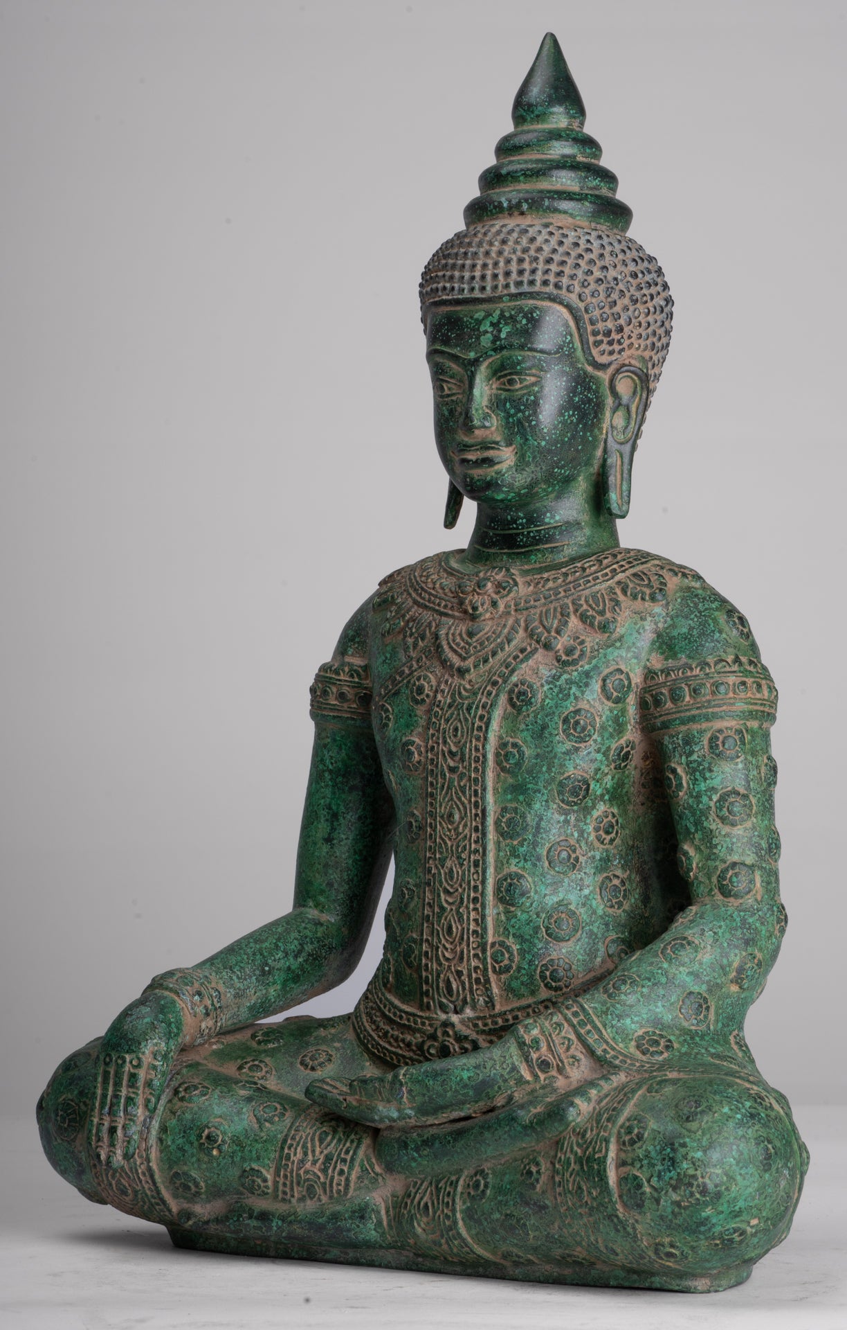 Buddha Statue - Antique Khmer Style Bronze Seated Enlightenment Buddha Statue - 37cm/15"