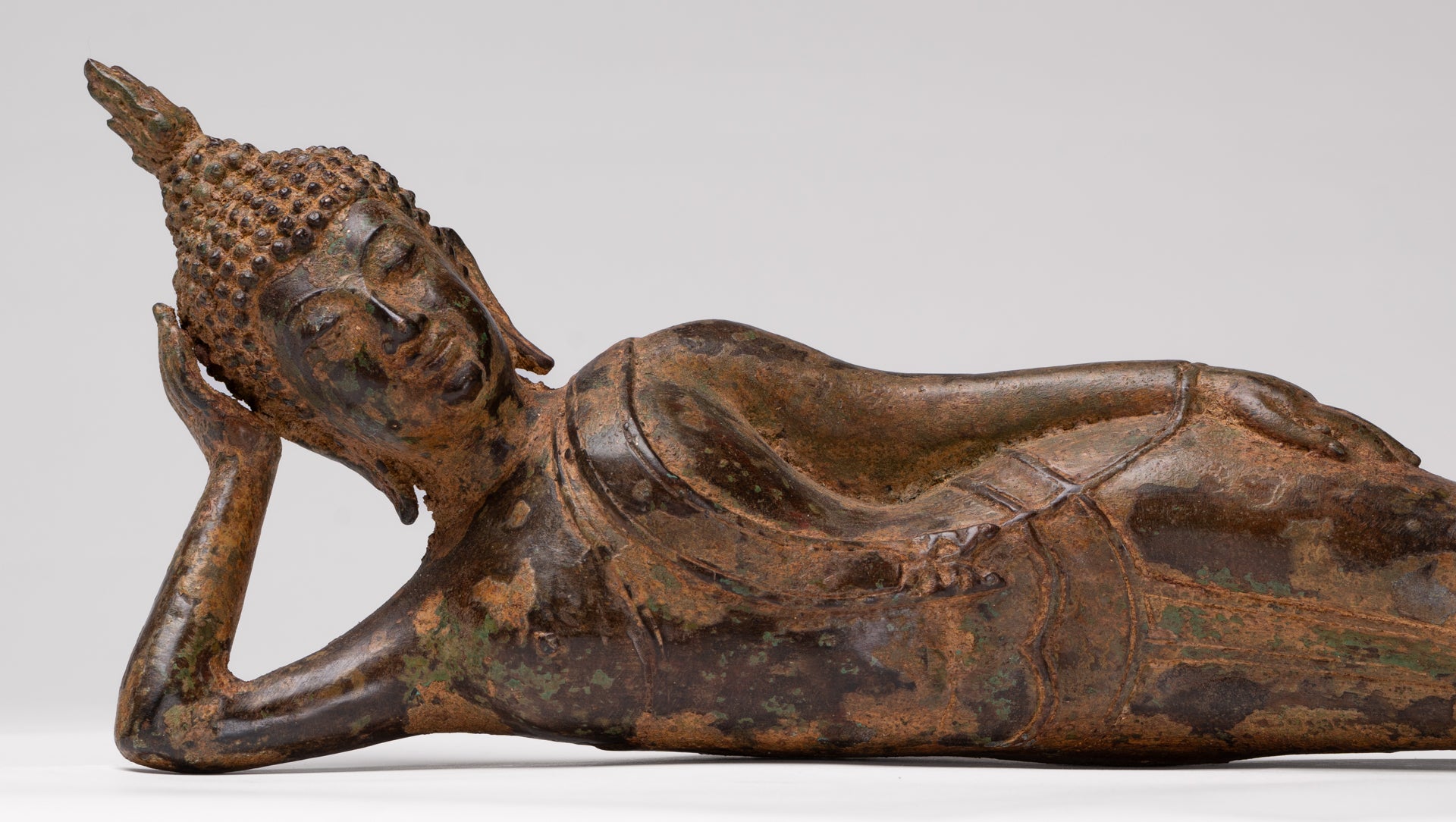 Buddha Statue - Antique Thai Style Bronze Sukhothai Reclining Nirvana Buddha Statue - 43cm/17"