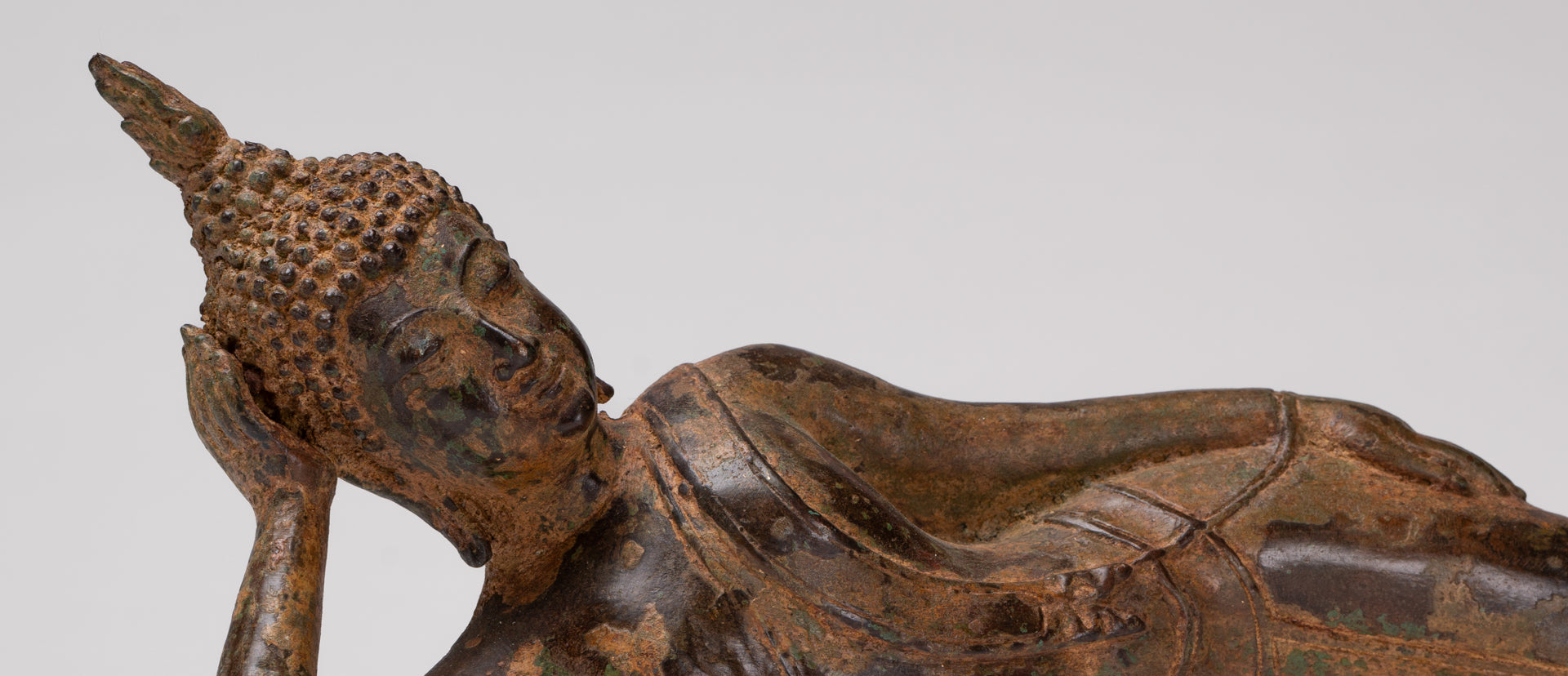 Buddha Statue - Antique Thai Style Bronze Sukhothai Reclining Nirvana Buddha Statue - 43cm/17"
