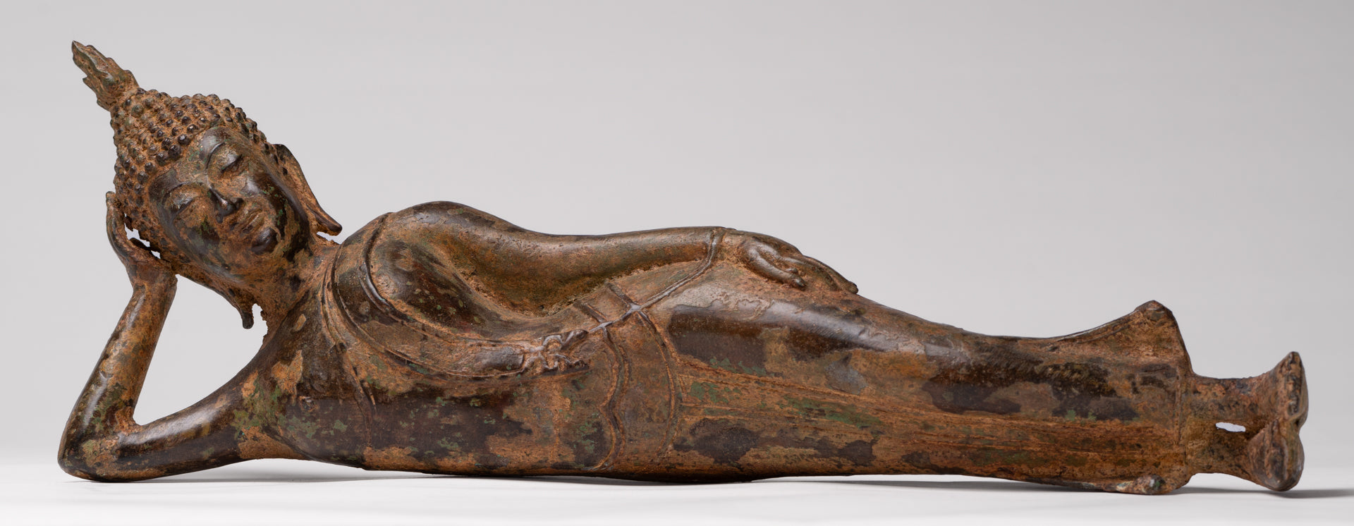 Buddha Statue - Antique Thai Style Bronze Sukhothai Reclining Nirvana Buddha Statue - 43cm/17"