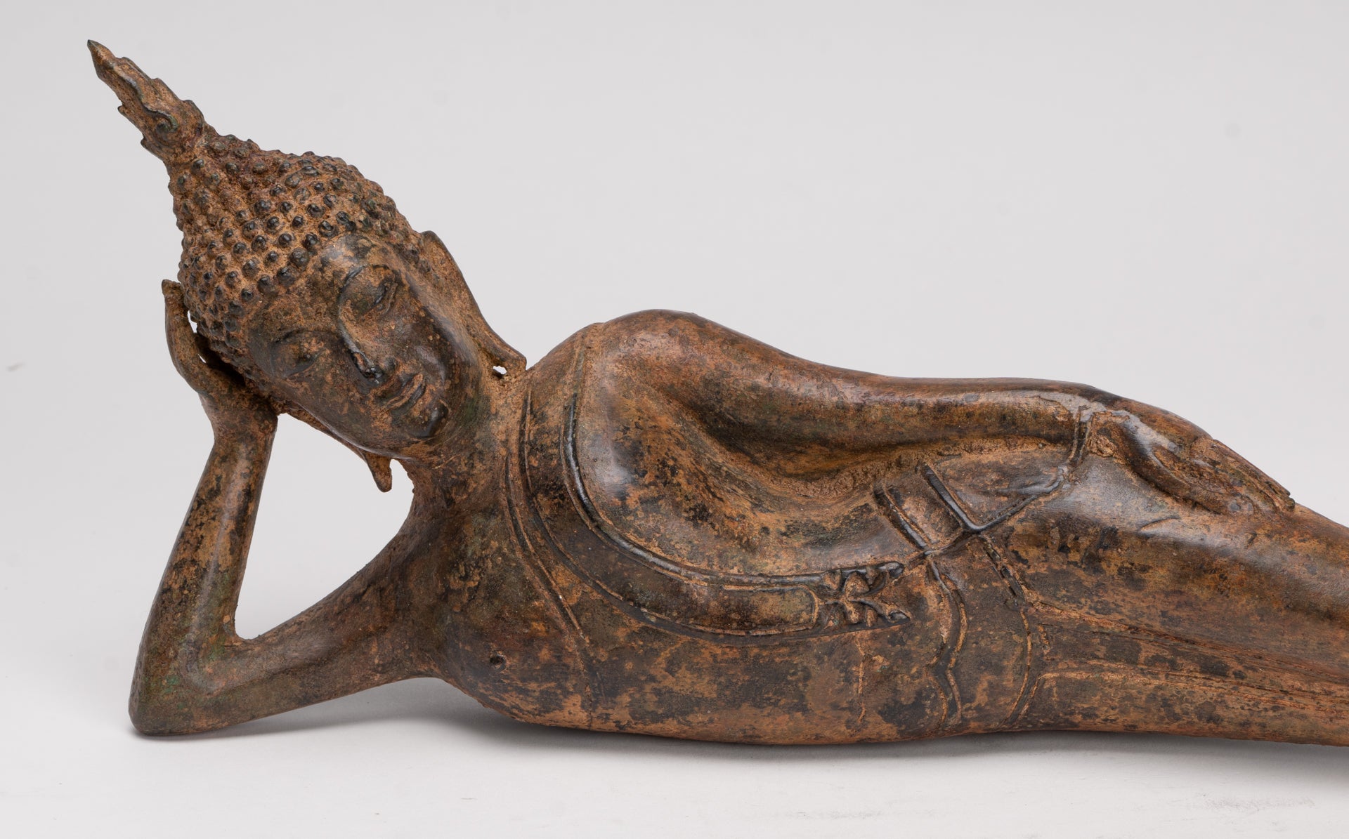 Buddha Statue - Antique Thai Style Bronze Sukhothai Reclining Nirvana Buddha Statue - 43cm/17"
