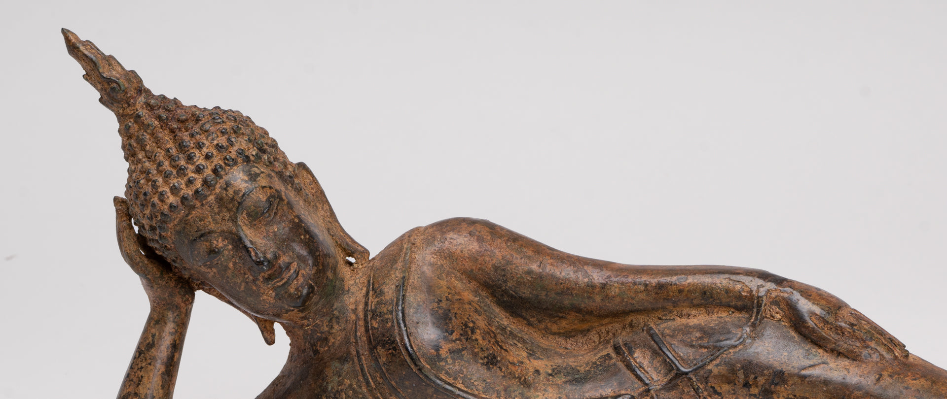 Buddha Statue - Antique Thai Style Bronze Sukhothai Reclining Nirvana Buddha Statue - 43cm/17"