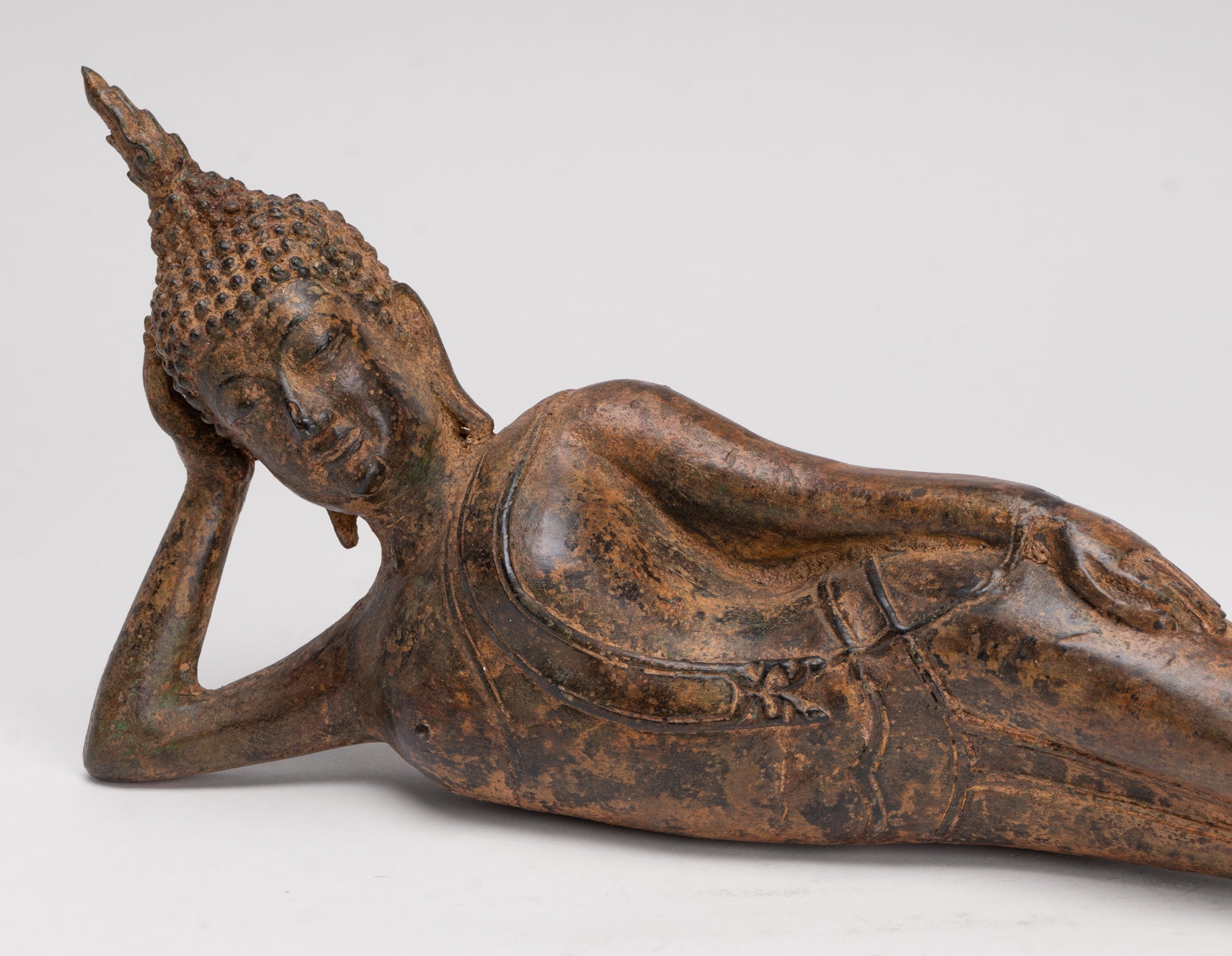 Buddha Statue - Antique Thai Style Bronze Sukhothai Reclining Nirvana Buddha Statue - 43cm/17"