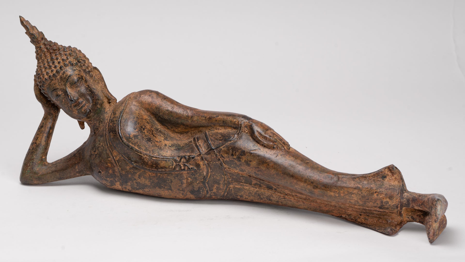Buddha Statue - Antique Thai Style Bronze Sukhothai Reclining Nirvana Buddha Statue - 43cm/17"