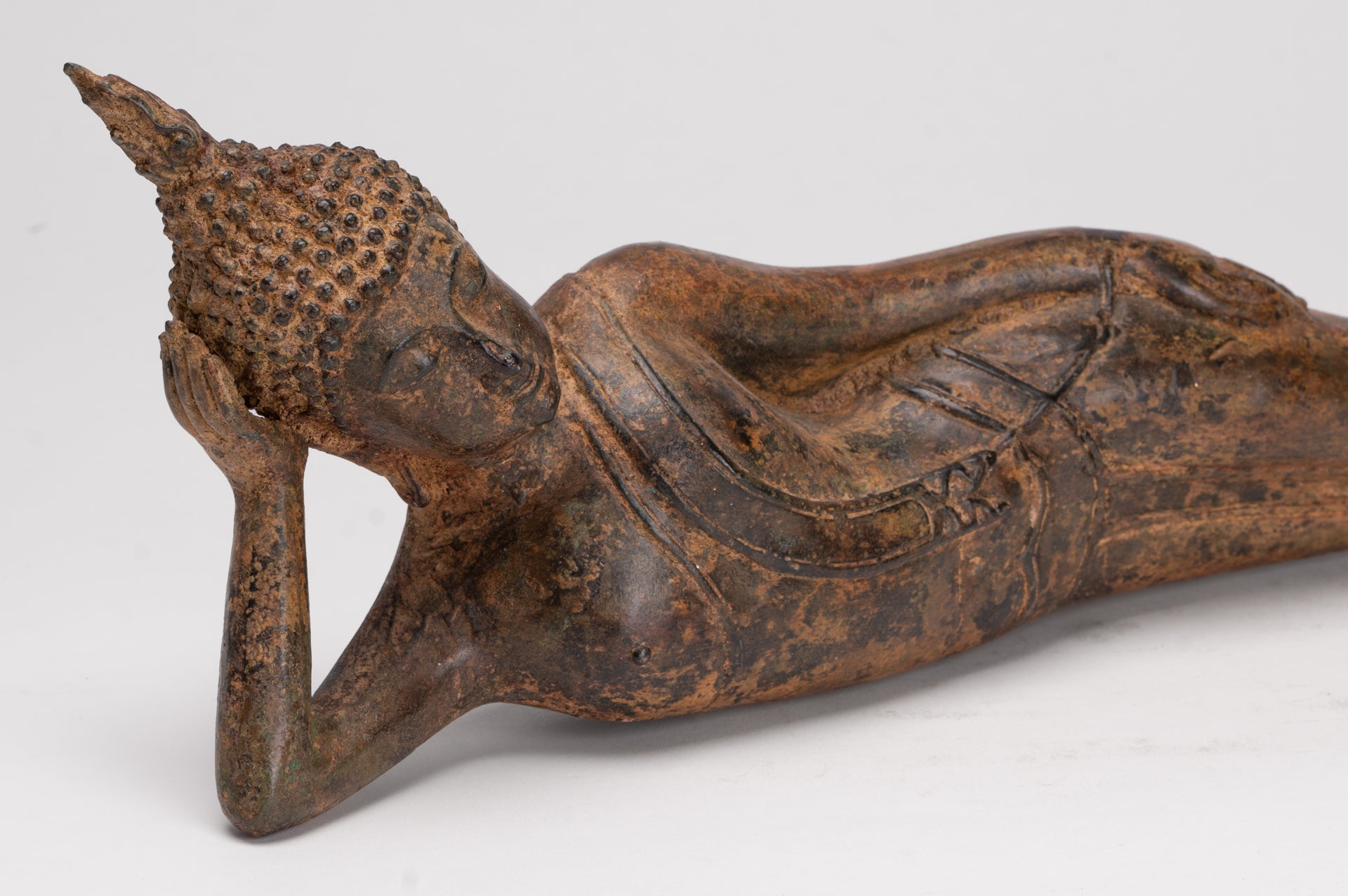 Buddha Statue - Antique Thai Style Bronze Sukhothai Reclining Nirvana Buddha Statue - 43cm/17"