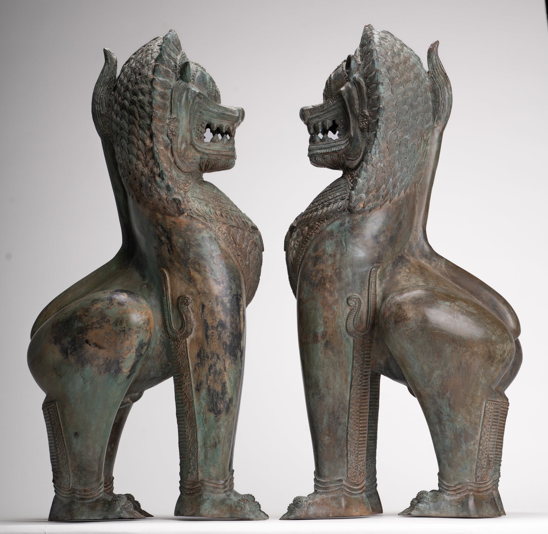 Temple Lion - Antique Thai Style Bronze Standing Singha Temple Guardians or Lions - 61cm/24" (Pair)