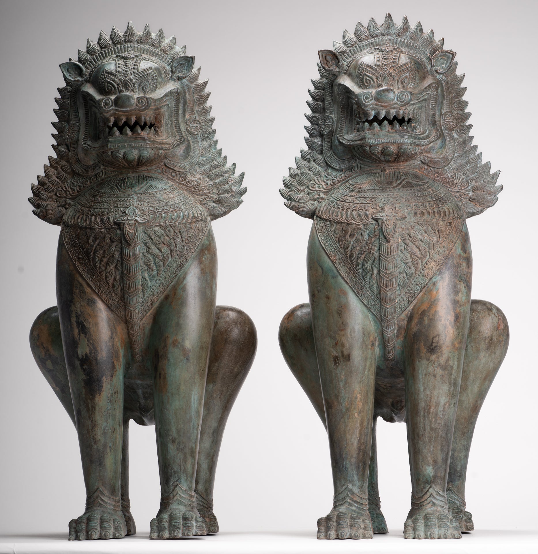Temple Lion - Antique Thai Style Bronze Standing Singha Temple Guardians or Lions - 61cm/24" (Pair)