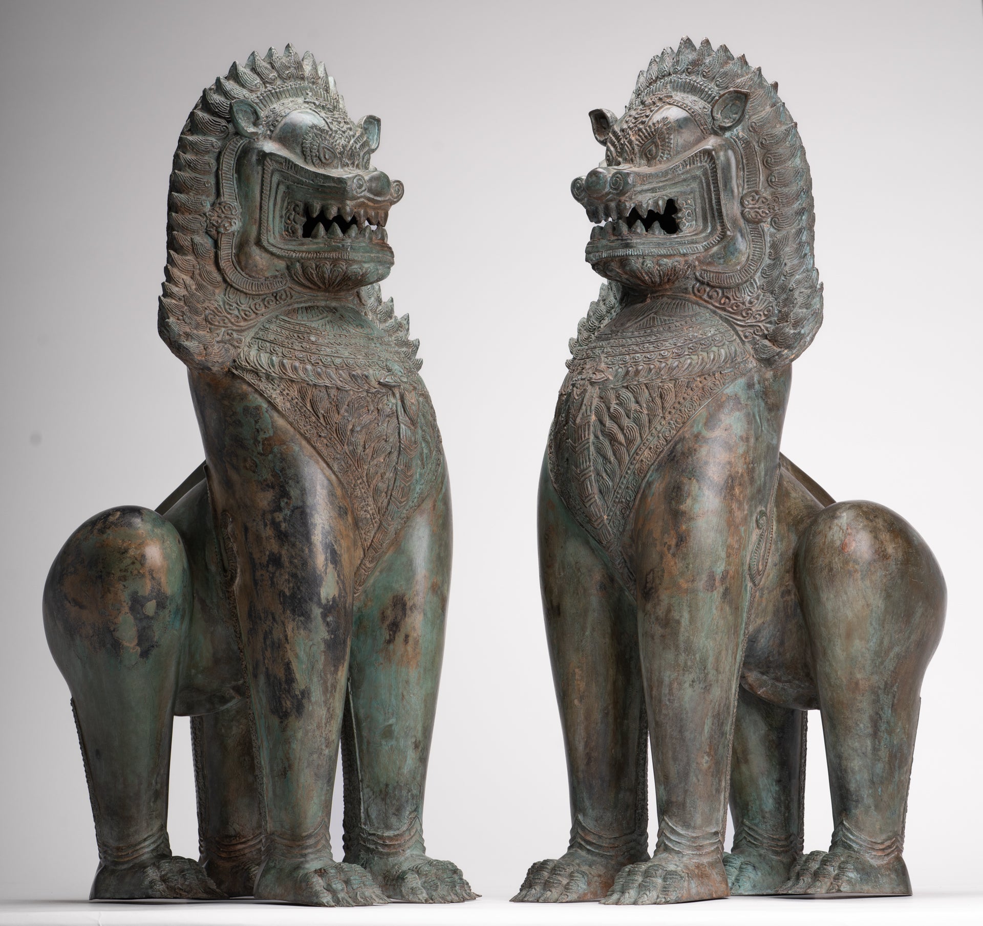 Temple Lion - Antique Thai Style Bronze Standing Singha Temple Guardians or Lions - 61cm/24" (Pair)