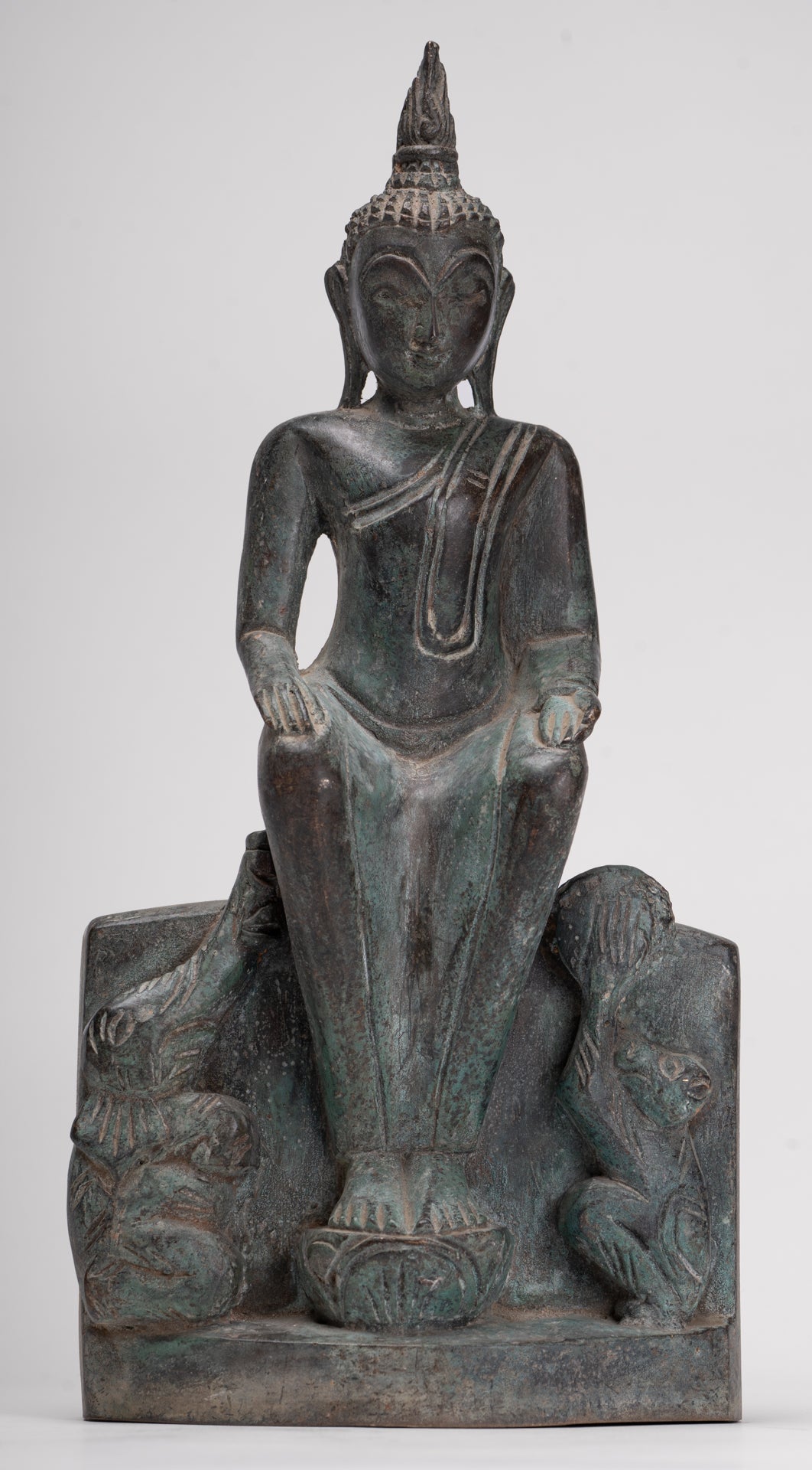 Buddha Statue - Seated Antique Laos Style Bronze Wednesday Evening Buddha - 32cm/13"