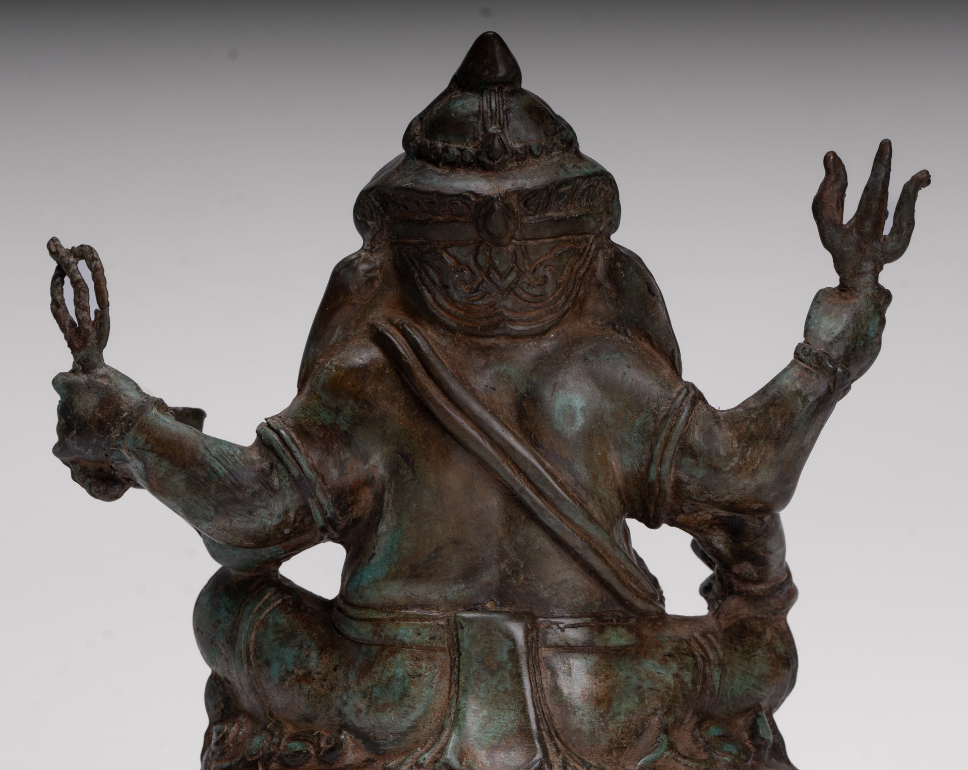 Ganesha Statue - Antique Thai Style Bronze Seated 4-Arm Ganesha Statue - 20cm/8"