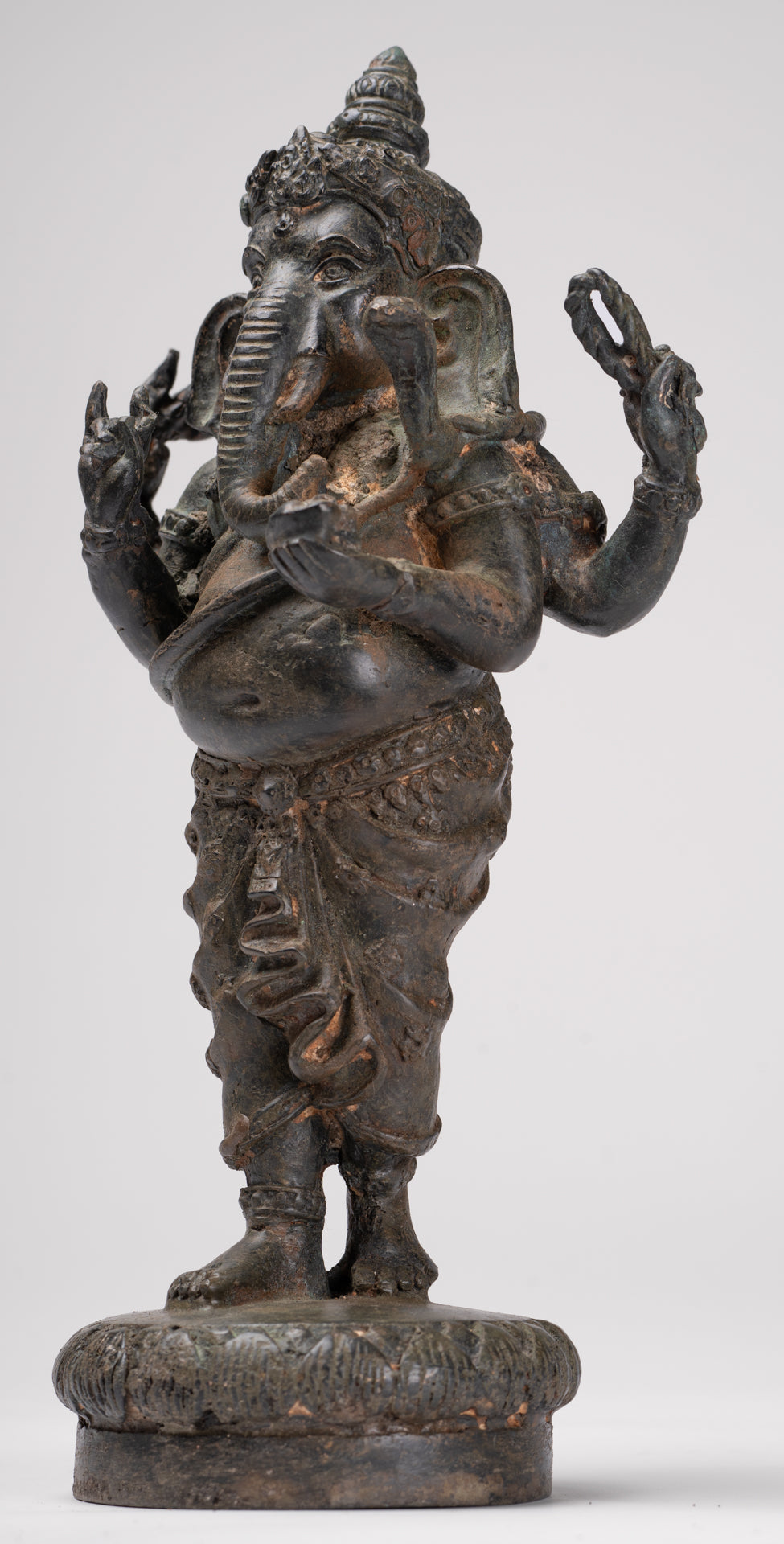 Ganesha Statue - Antique Thai Style Bronze Standing 4-Arm Ganesha Statue - 26cm/10"