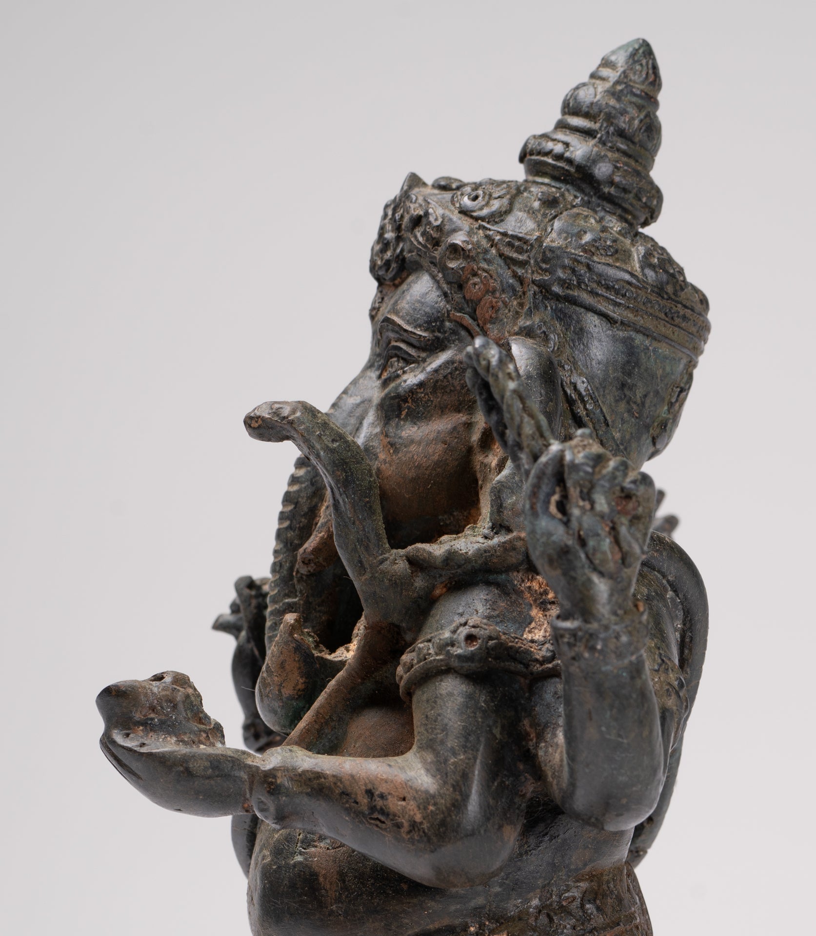 Ganesha Statue - Antique Thai Style Bronze Standing 4-Arm Ganesha Statue - 26cm/10"