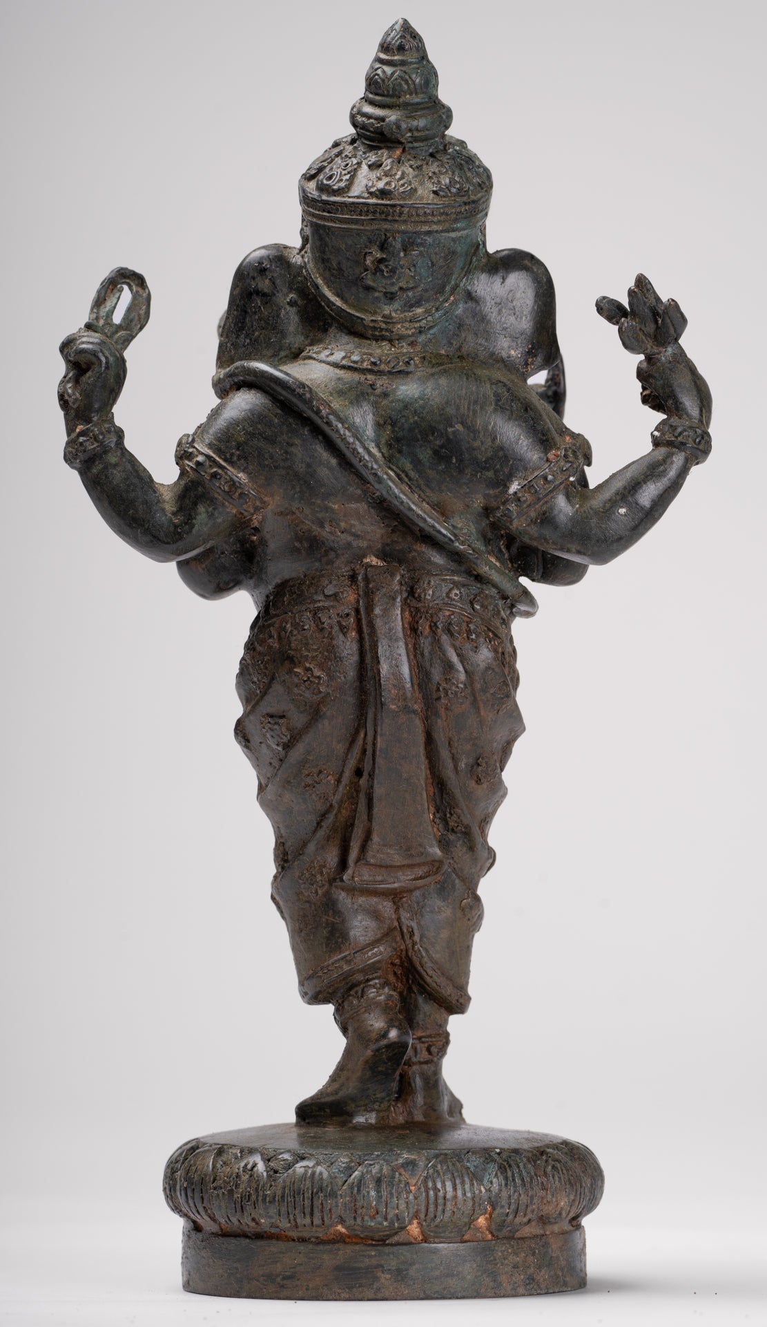 Ganesha Statue - Antique Thai Style Bronze Standing 4-Arm Ganesha Statue - 26cm/10"