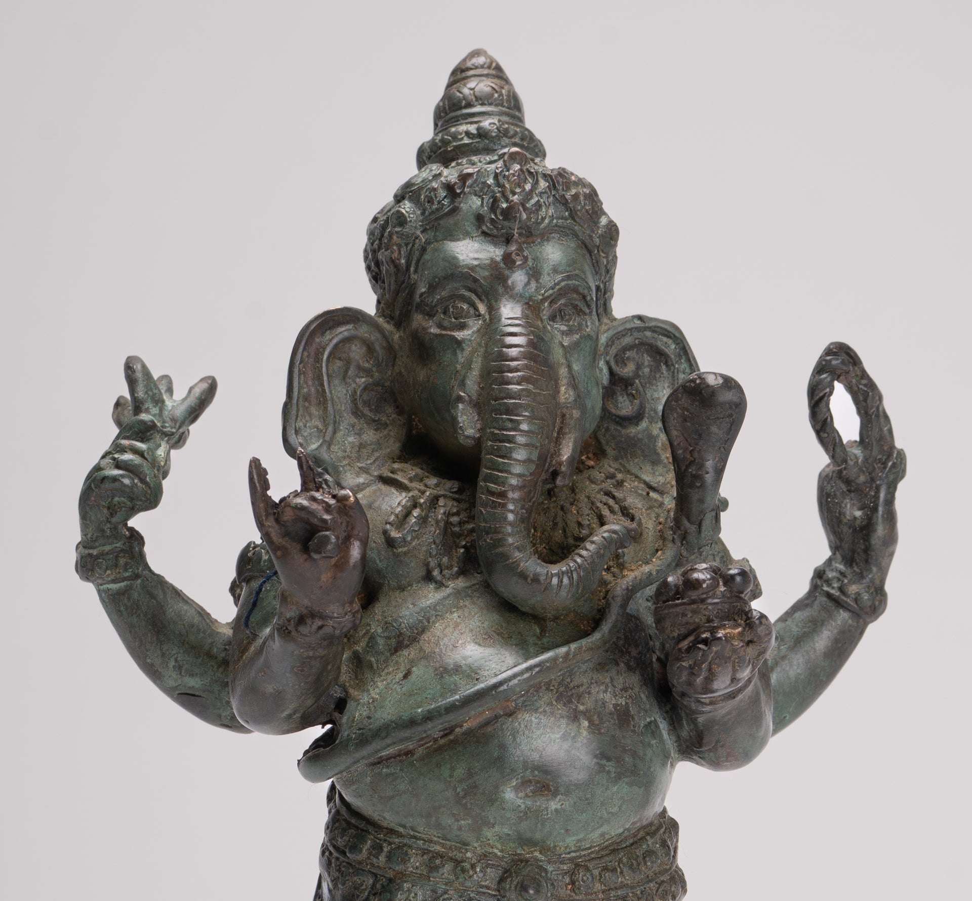 Ganesha Statue - Antique Thai Style Bronze Standing 4-Arm Ganesha Statue - 26cm/10"