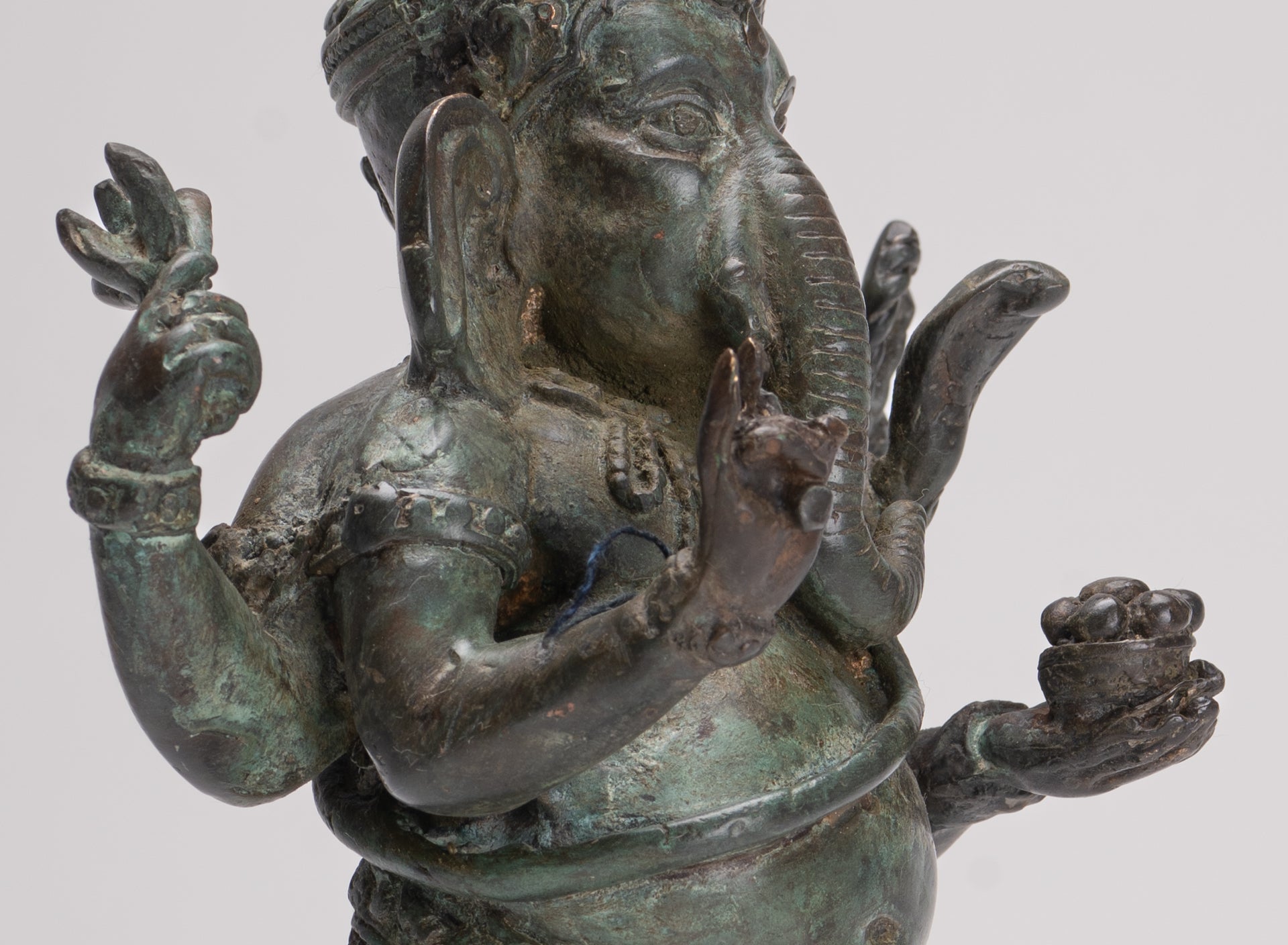 Ganesha Statue - Antique Thai Style Bronze Standing 4-Arm Ganesha Statue - 26cm/10"