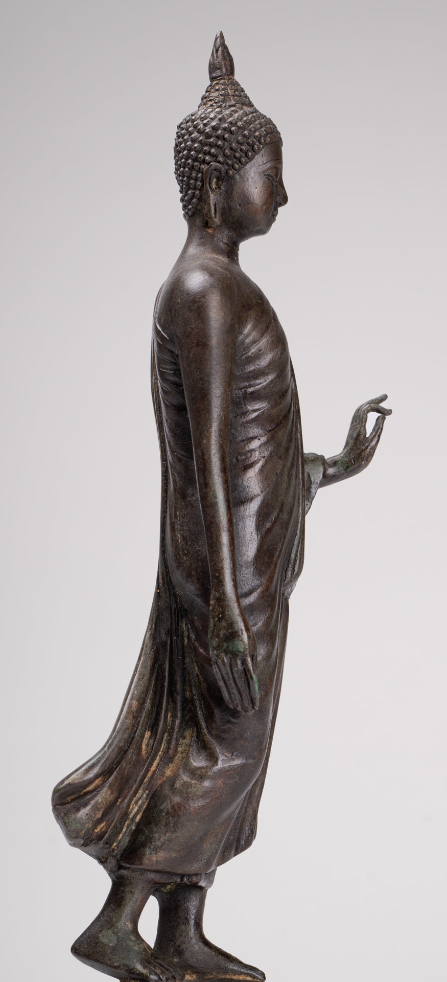Antique Sukhothai Style Standing Bronze Protection Walking Buddha Statue - 33cm/13"