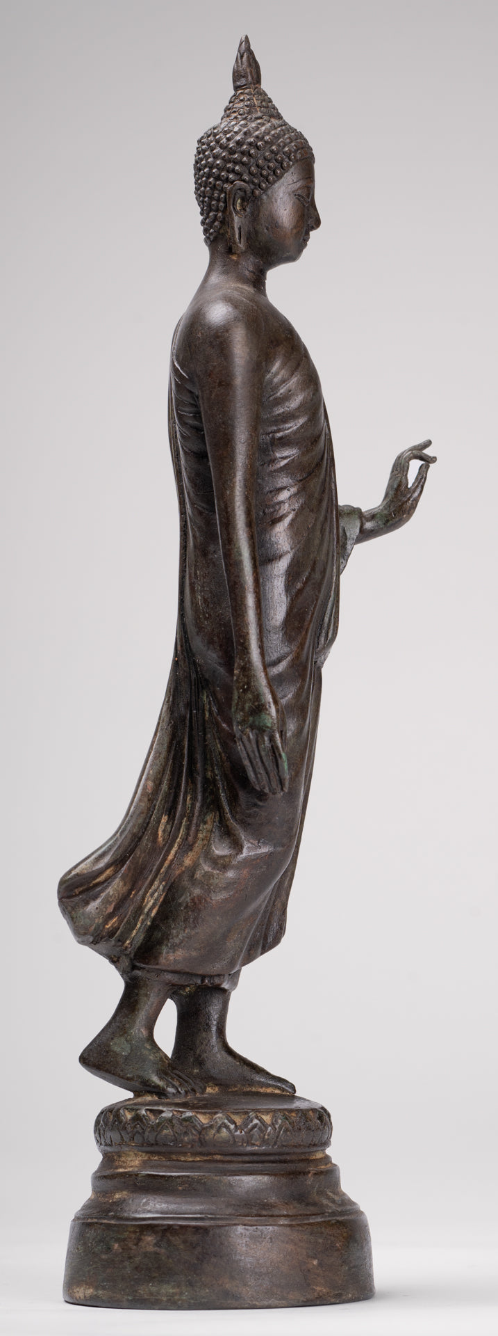 Antique Sukhothai Style Standing Bronze Protection Walking Buddha Statue - 33cm/13"