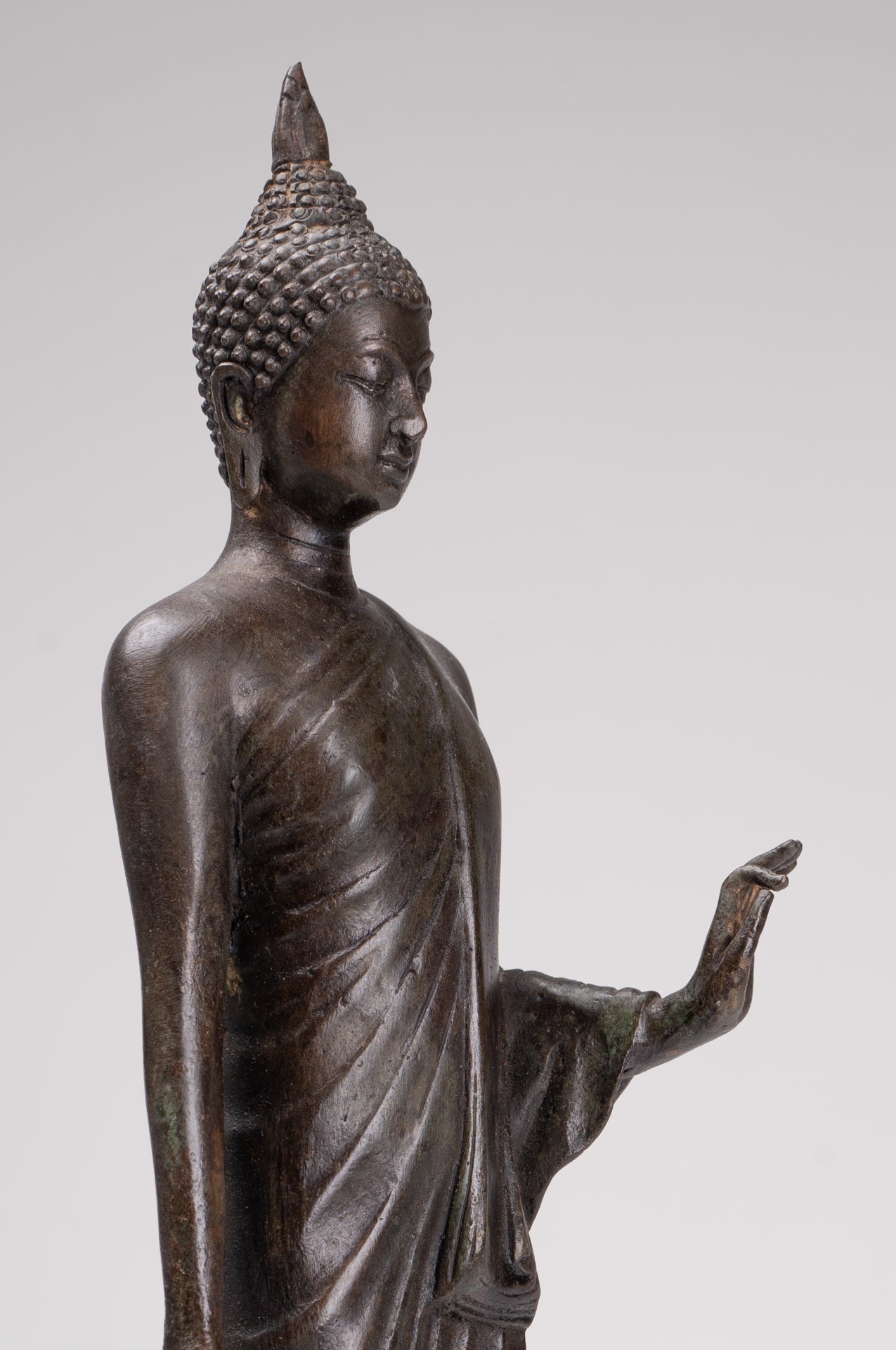 Antique Sukhothai Style Standing Bronze Protection Walking Buddha Statue - 33cm/13"