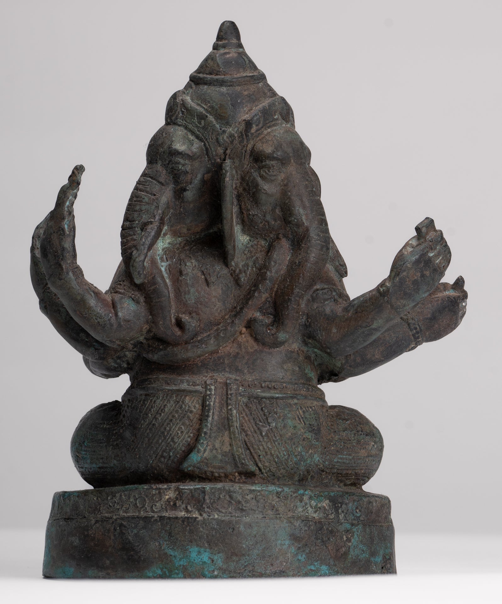 Ganesha Statue - Antique Thai Style Bronze Seated 6-Arm Ganesha Statue - 19cm/8"