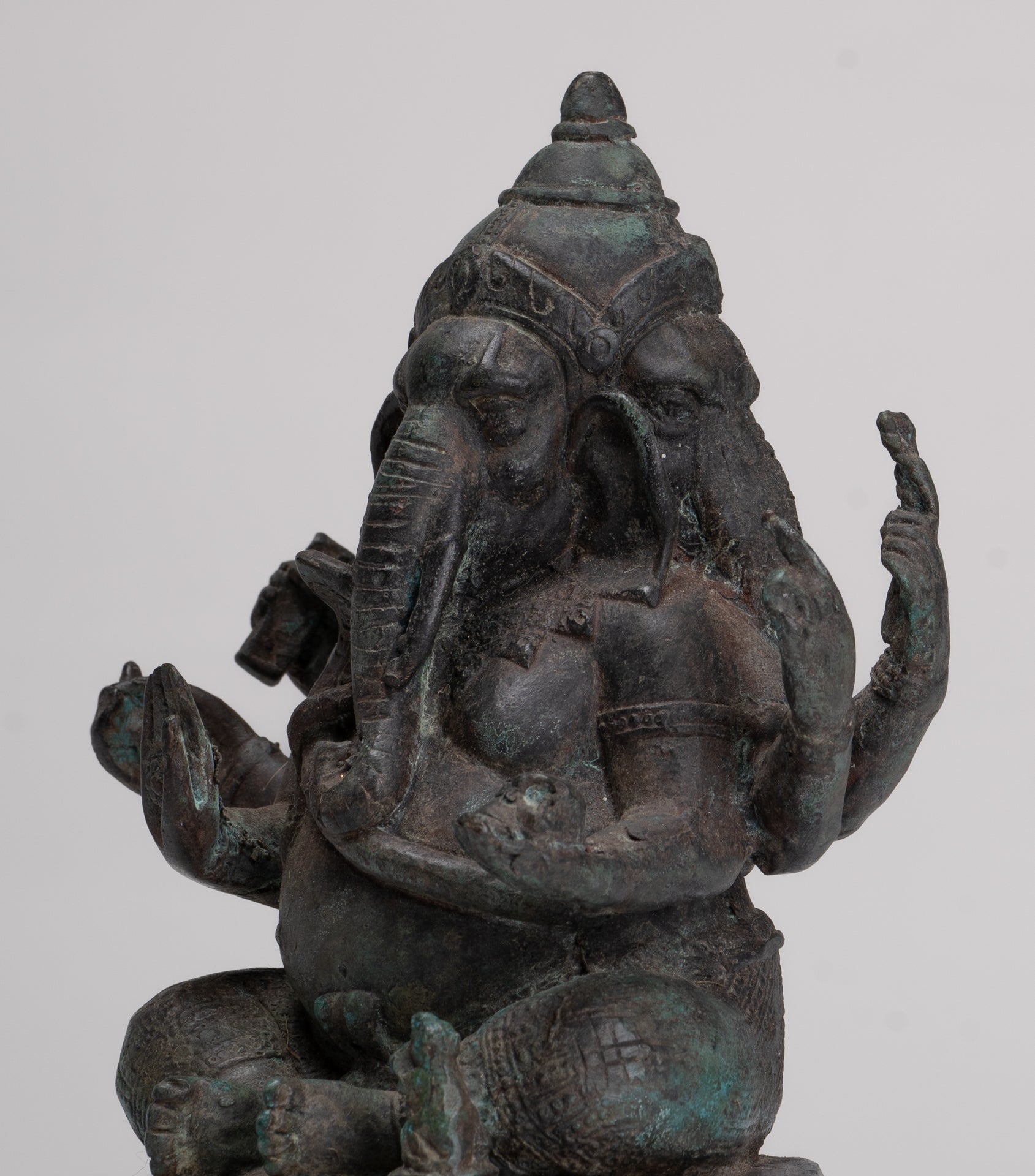 Ganesha Statue - Antique Thai Style Bronze Seated 6-Arm Ganesha Statue - 19cm/8"