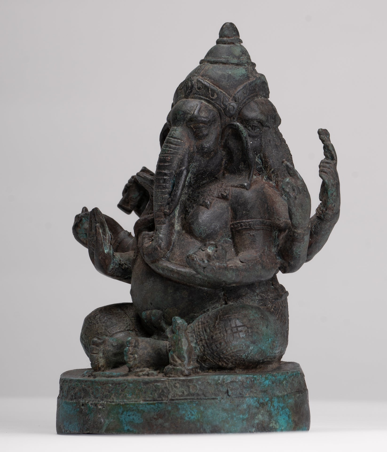 Ganesha Statue - Antique Thai Style Bronze Seated 6-Arm Ganesha Statue - 19cm/8"