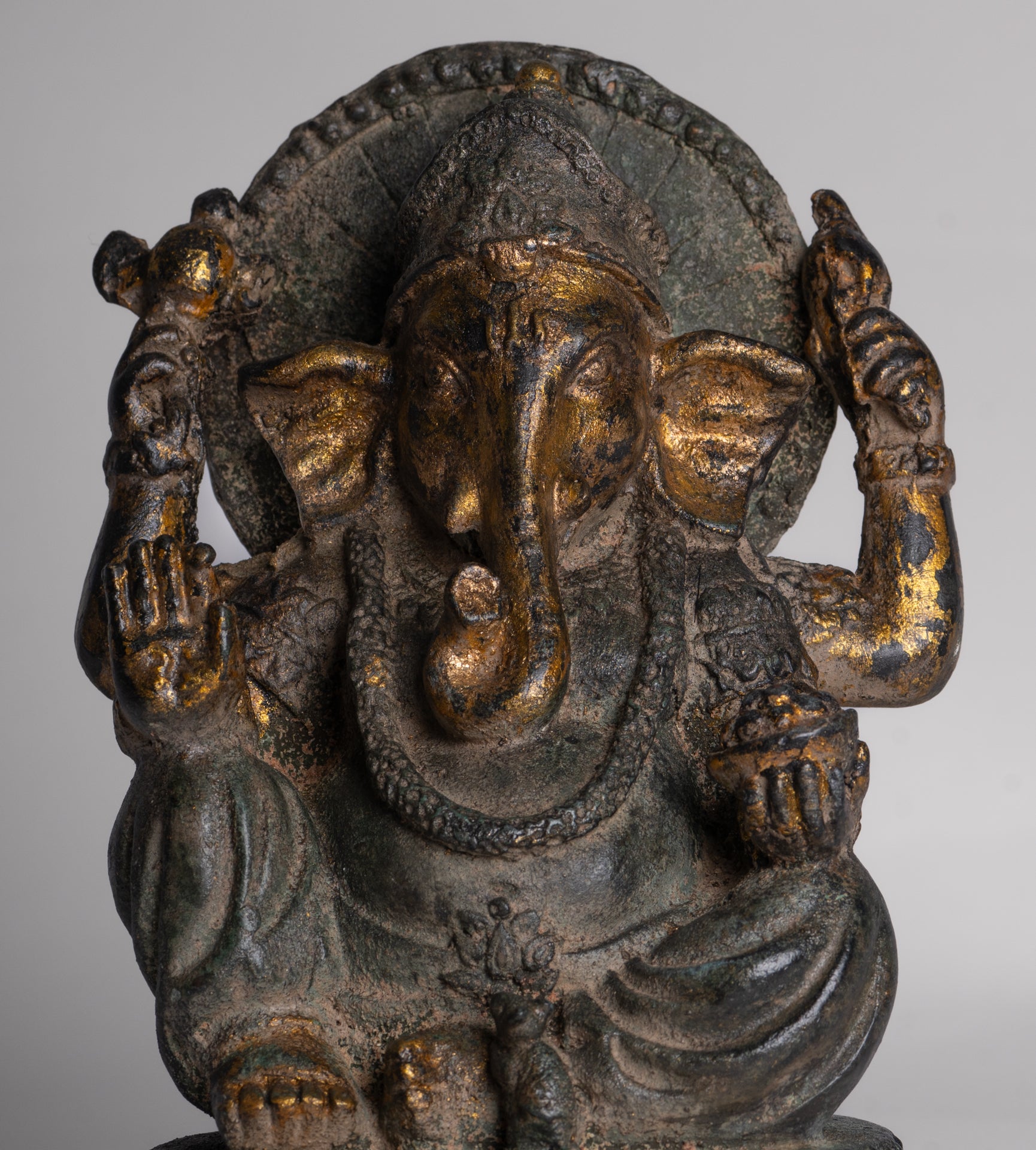 Ganesh - Antique Thai Style Bronze Seated Ganesha - 23cm/9"